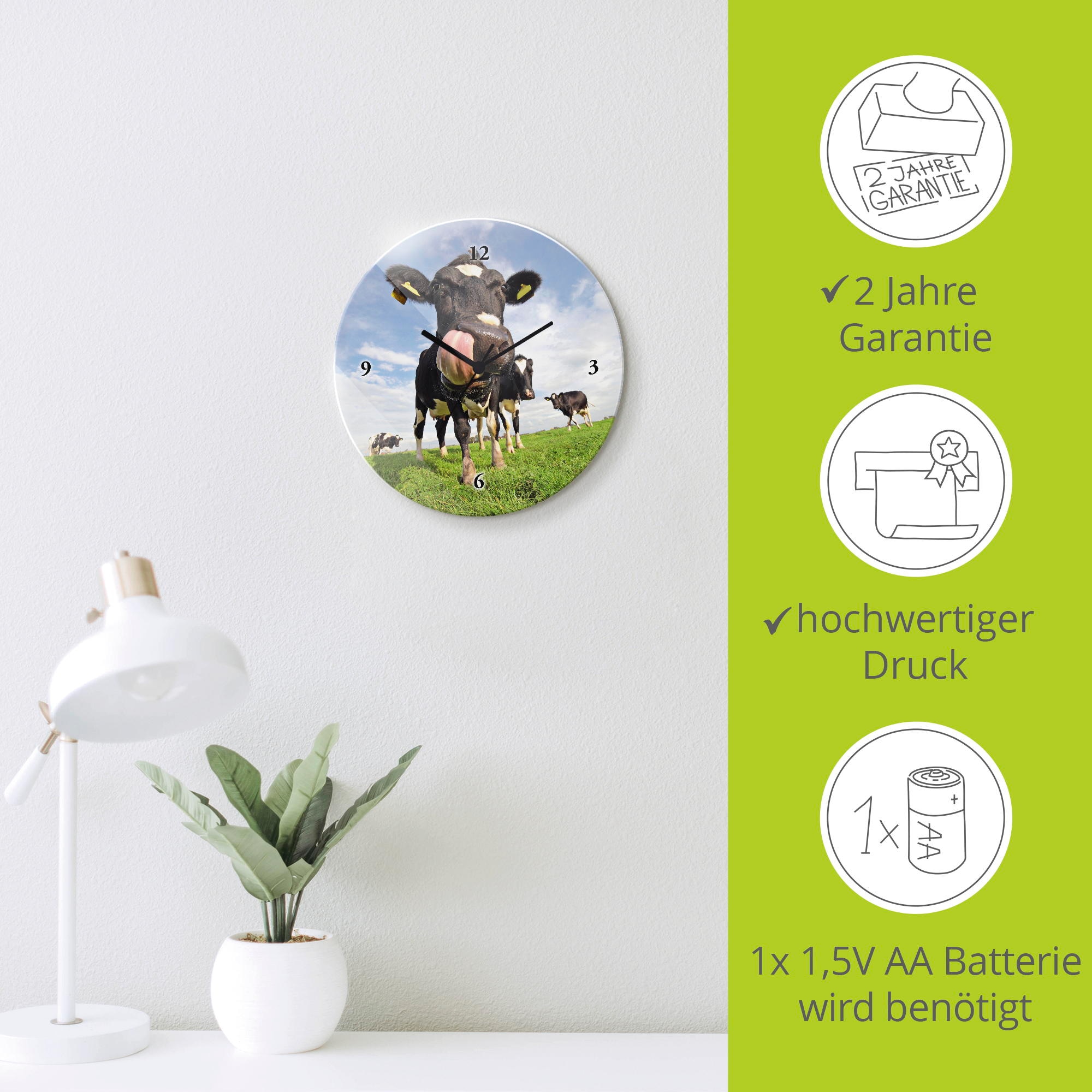 Artland Wanduhr »Holstein-Kuh mit gewaltiger Zunge« wahlweise mit Quarz- oder Funkuhrwerk, lautlos ohne Tickgeräusche
