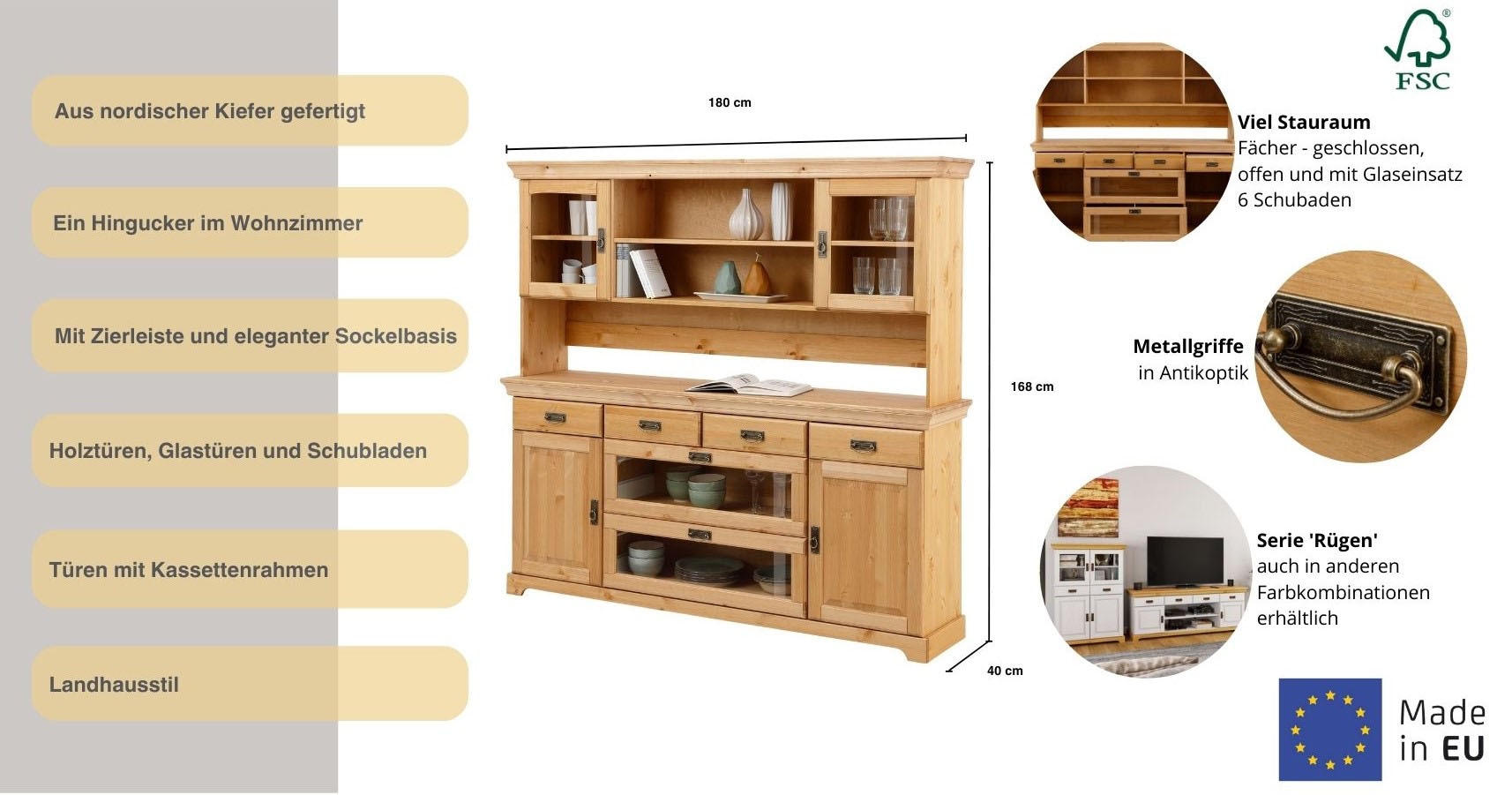 Home affaire Buffet »Rügen«, zertifiziertes Massivholz, im Landhausstil