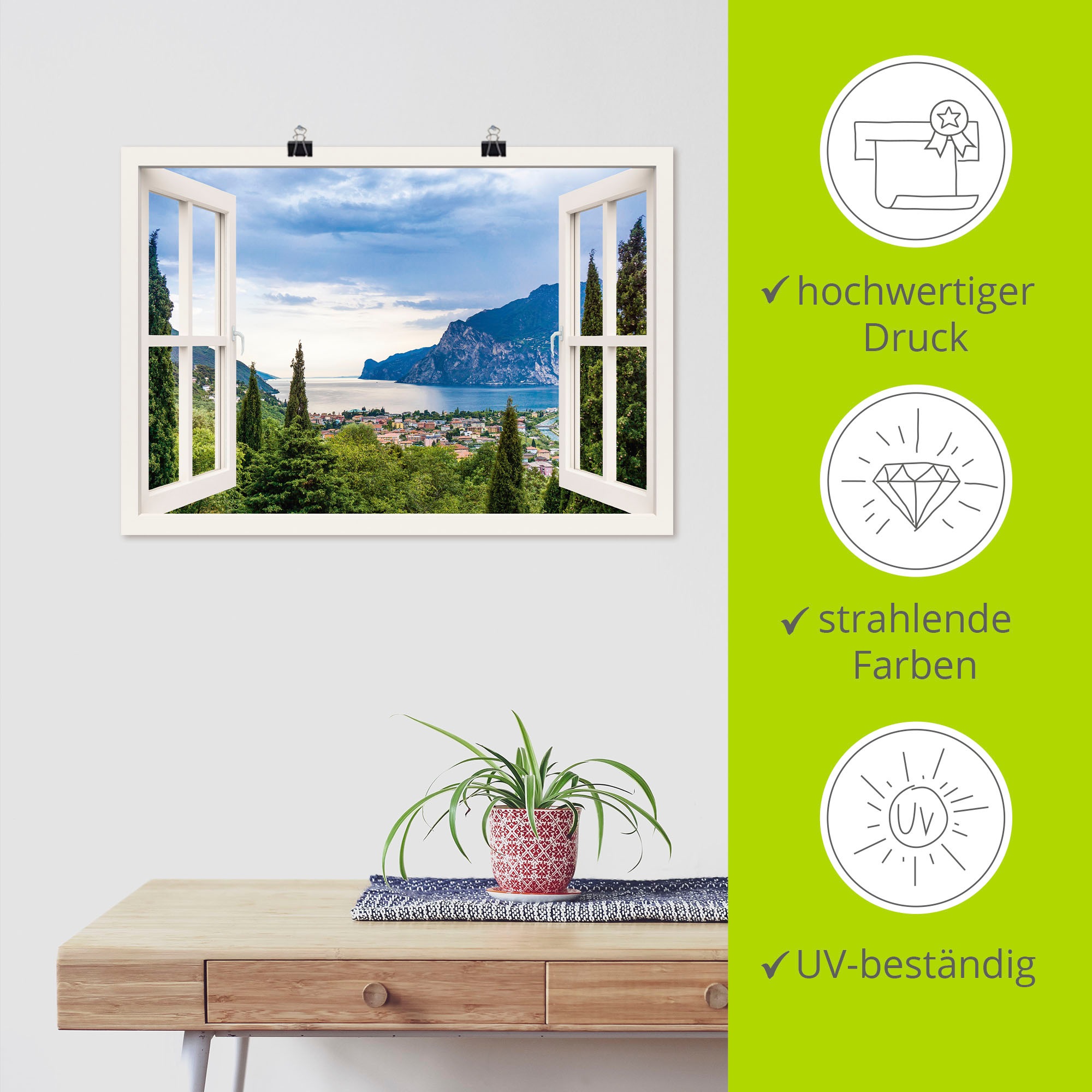 Artland Wandbild »Gardasee durchs weisse Fenster«, Seebilder, (1 St.), als Alubild, Outdoorbild, Leinwandbild, Poster, Wandaufkleber