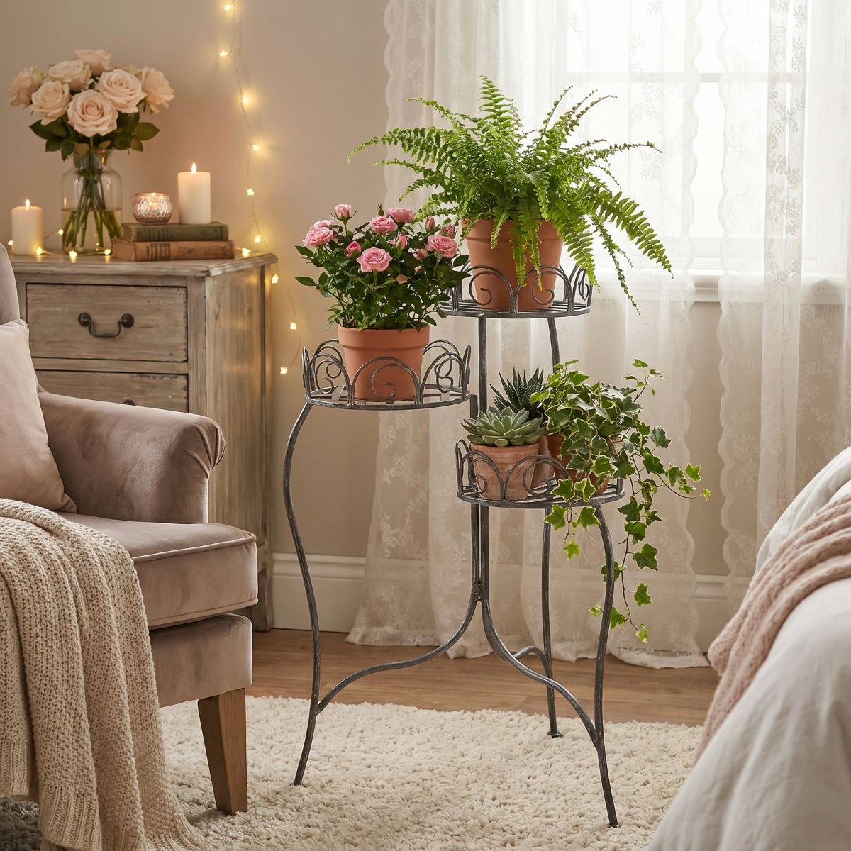 Ambiente Haus Tabouret à fleurs »Blumenständer in grau (H) 70cm« 1 cuis tlg. aus Schmiedeeisen mit Pulverbeschichtung für Innen- und Aussenbereich