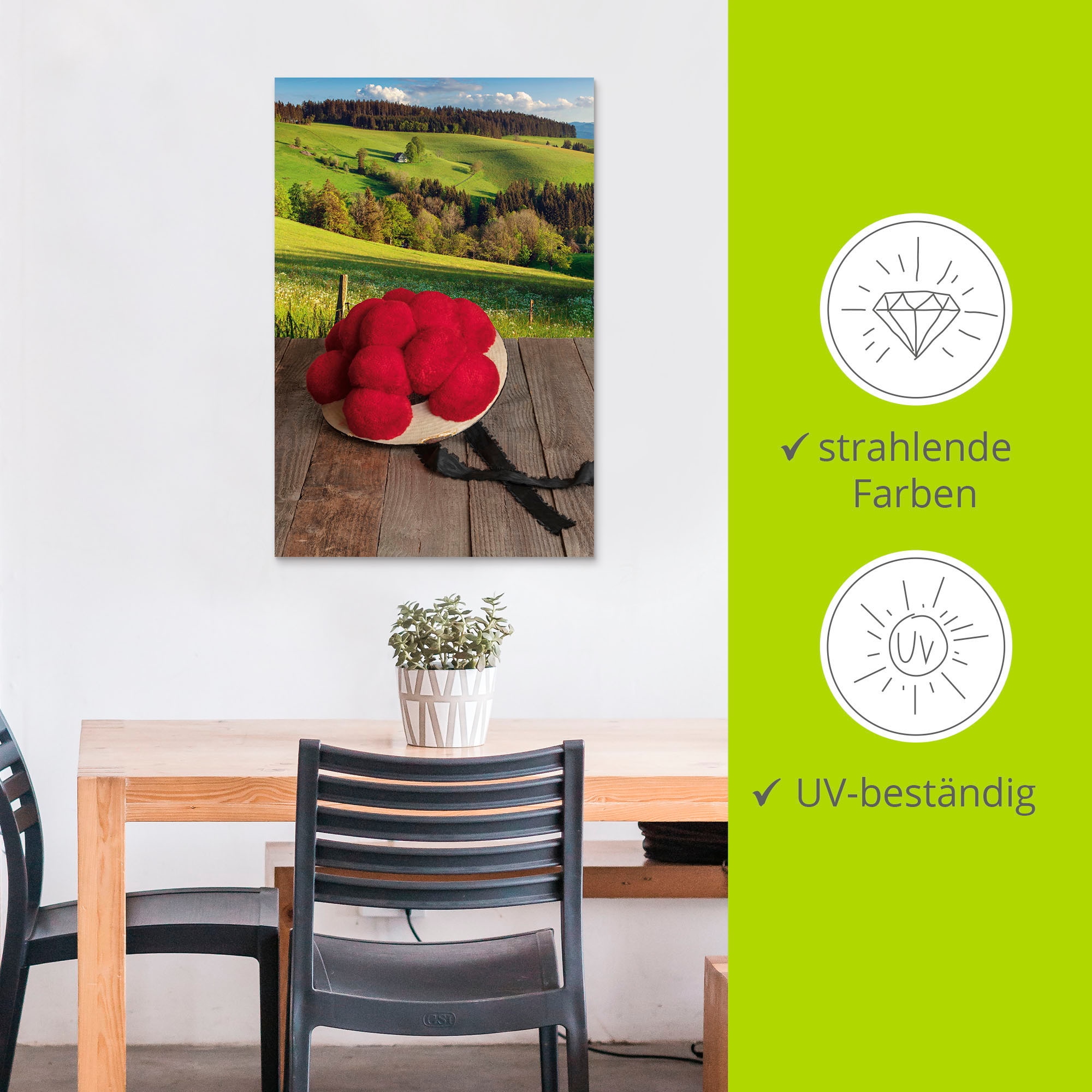 Artland Wandbild »Schwarzwälder Bollenhut auf Holztisch«, Wiesen & Baumbilder, (1 St.), als Alubild, Outdoorbild, Leinwandbild in verschied. Grössen