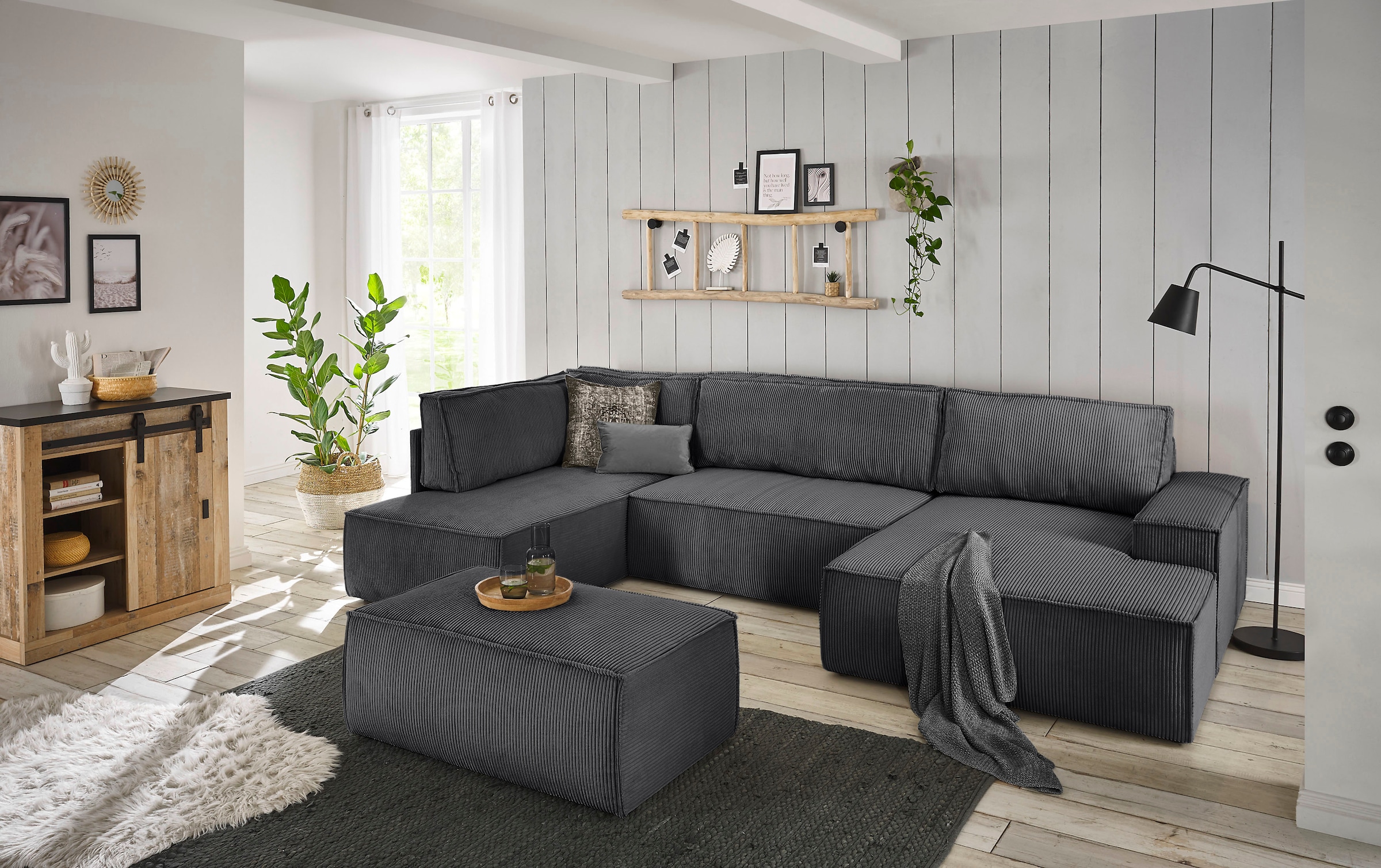 Home affaire Wohnlandschaft »SHERWOOD U-Form, 329 cm - OTTO. Verlässliche Qualität.« Schlaffunktion m. Bettkasten (194x139 cm), Cord, Vintage, Samtvelours