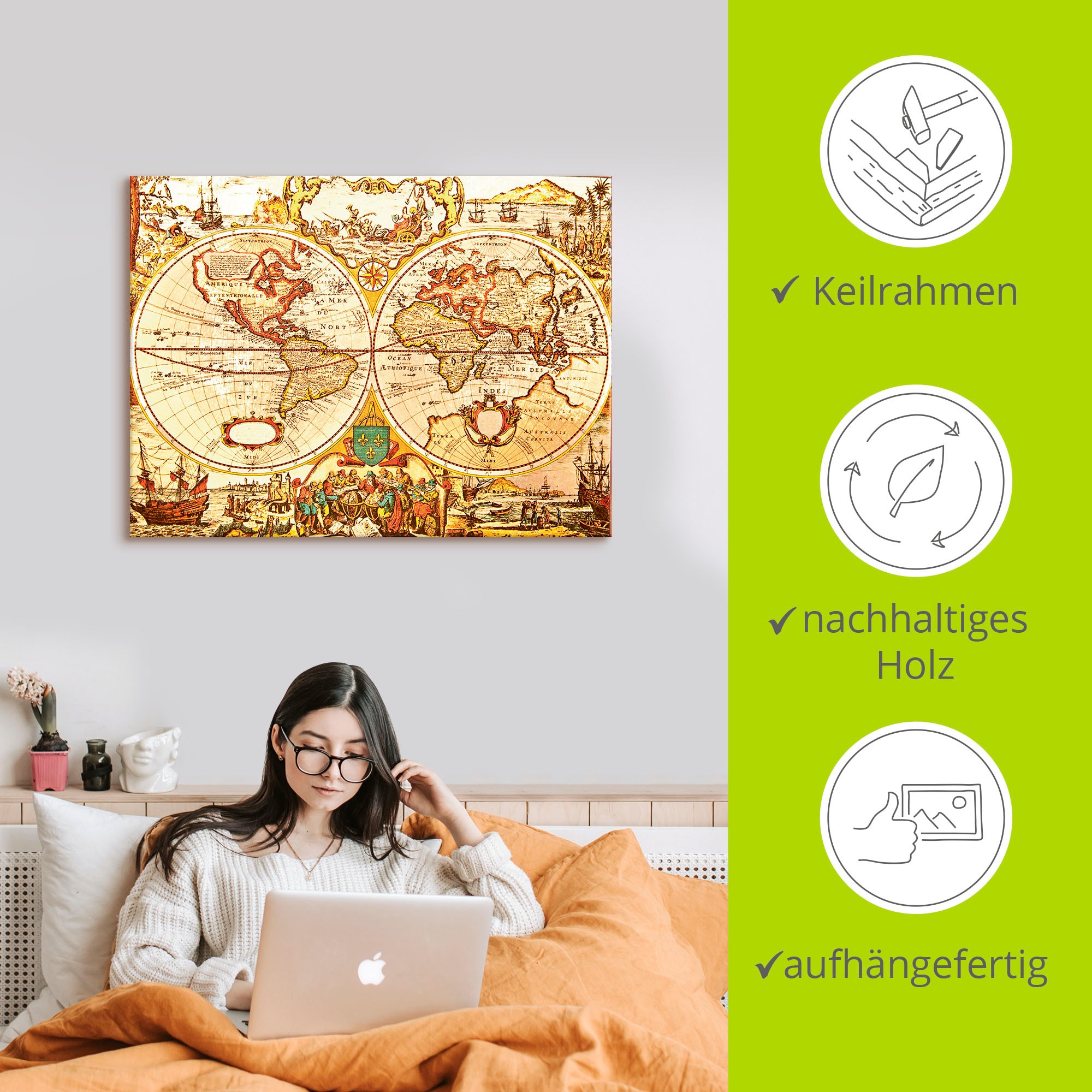 Artland Wandbild »Antike Weltkarte«, Landkarten, (1 St.), als Alubild, Outdoorbild, Leinwandbild, Poster, Wandaufkleber