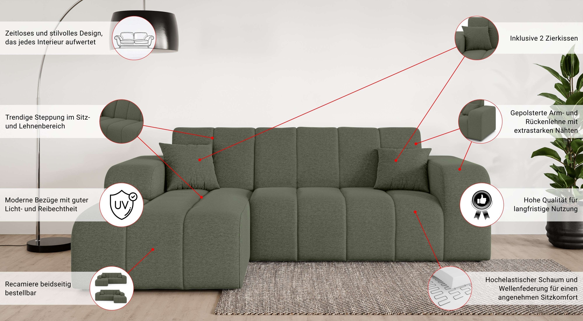 INOSIGN Ecksofa »CASSY L-Form, Schlafsofa mit Bettkasten, Masse B/T/H: 245/165/88 cm«, mit 2 Rückenkissen, Recamiere rechts oder links bestellbar