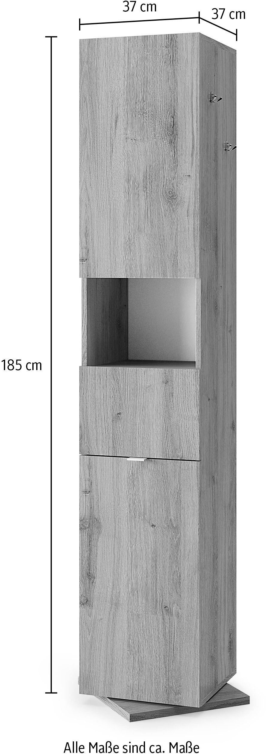 welltime Hochschrank »Hamburg Höhe 185 cm, Breite 35/37 cm, Badschrank drehbar, 2 Türen,« 1 Schubkasten, 1 offenes Fach, mit Spiegel, Metallhaken, Metallgriff