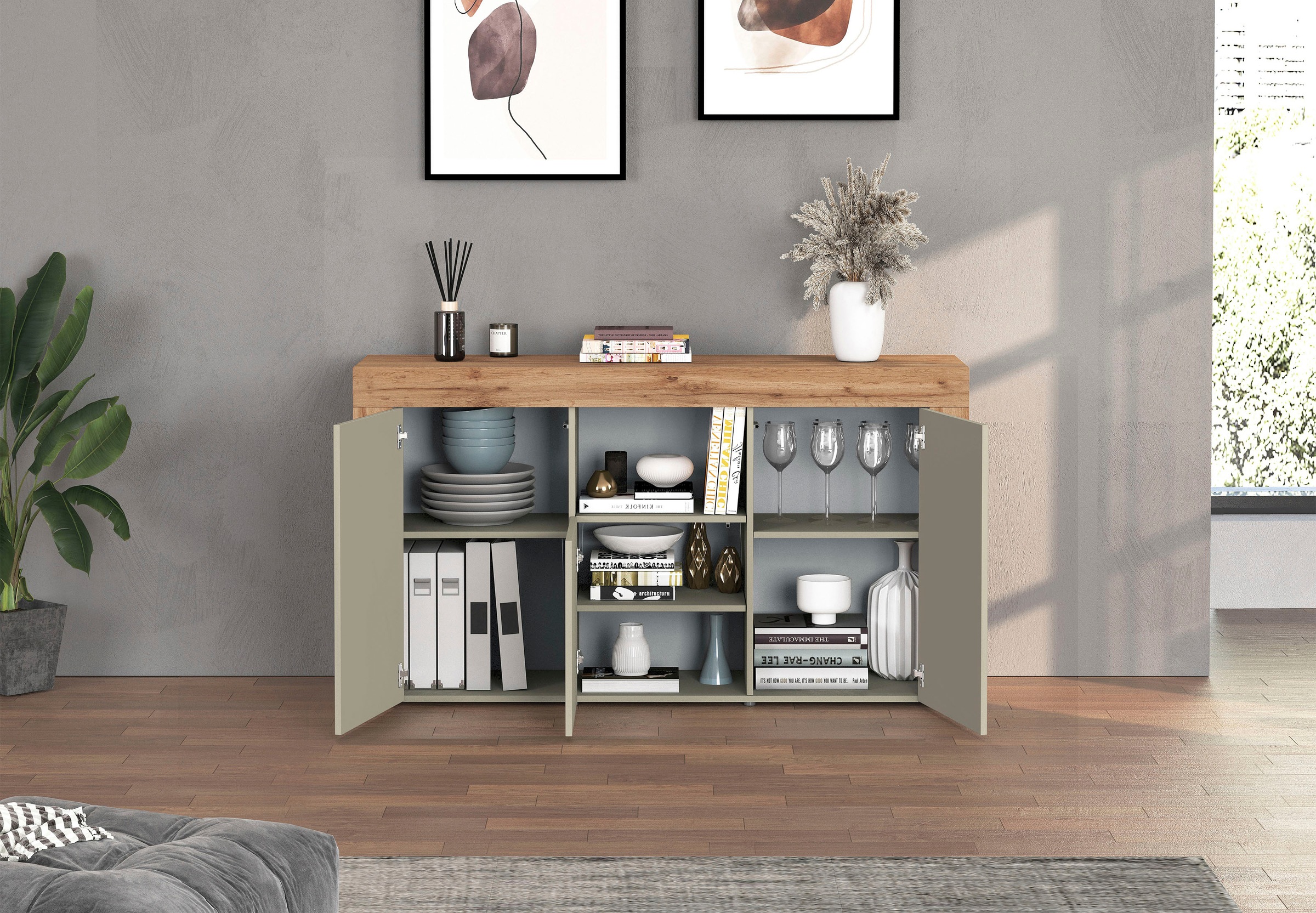 INOSIGN Sideboard »CHRONOS Breite 155 cm mit 3 Türen, 1 offenes und 6 geschlossene Fächer« 1 Stk. tlg. Sideboard,Kommode, Schrank, Grifflos mit Push to Open, Made in Italy
