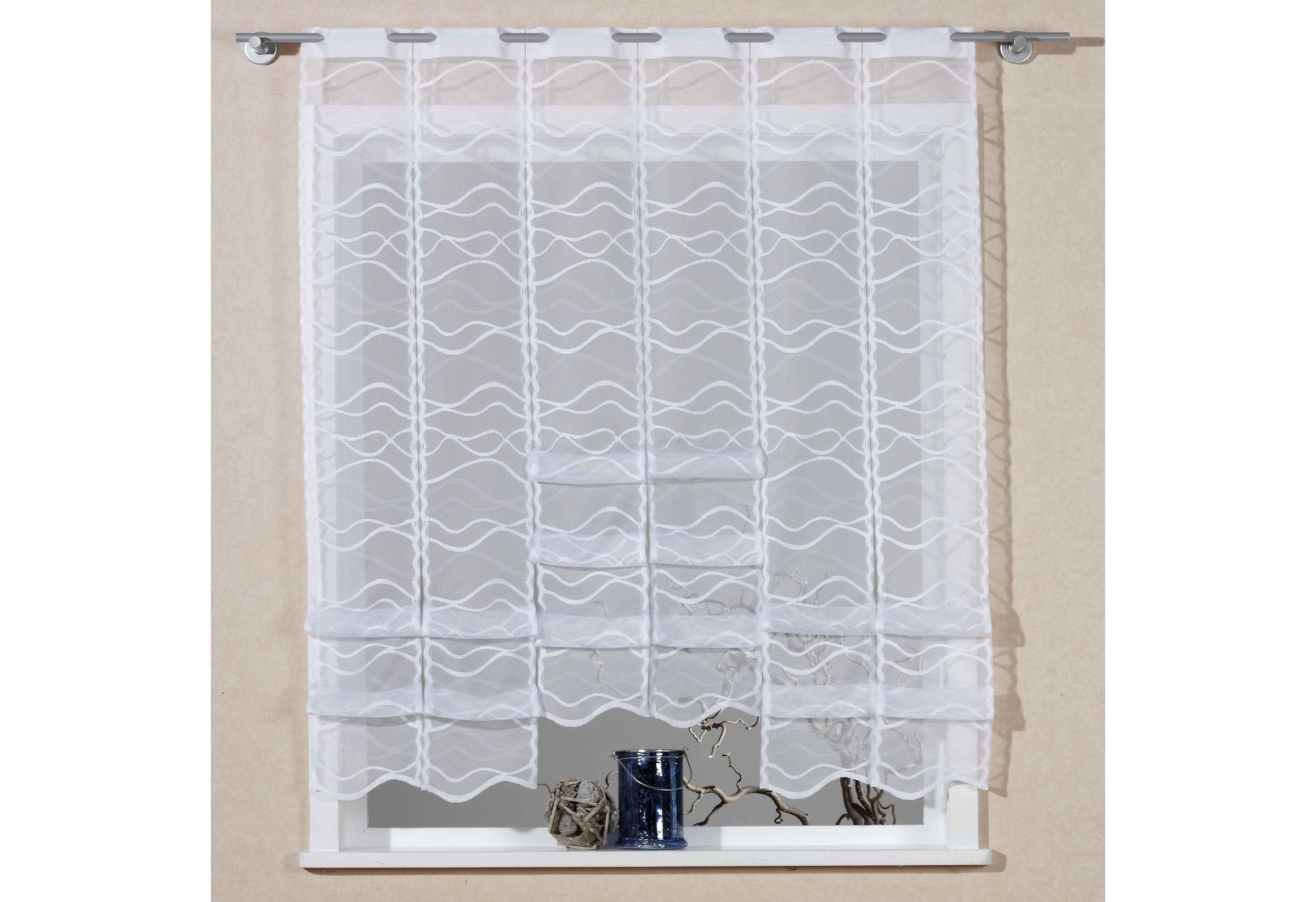 Image of VHG Scheibengardine »Bella«, (1 St.), Kurzgardine, Fertigmass, Stablöcher, halbtransparent, Welle, weiss, Küche, Bistro, Jacquard, gewirkt, verschiedene Grössen bei Ackermann Versand Schweiz