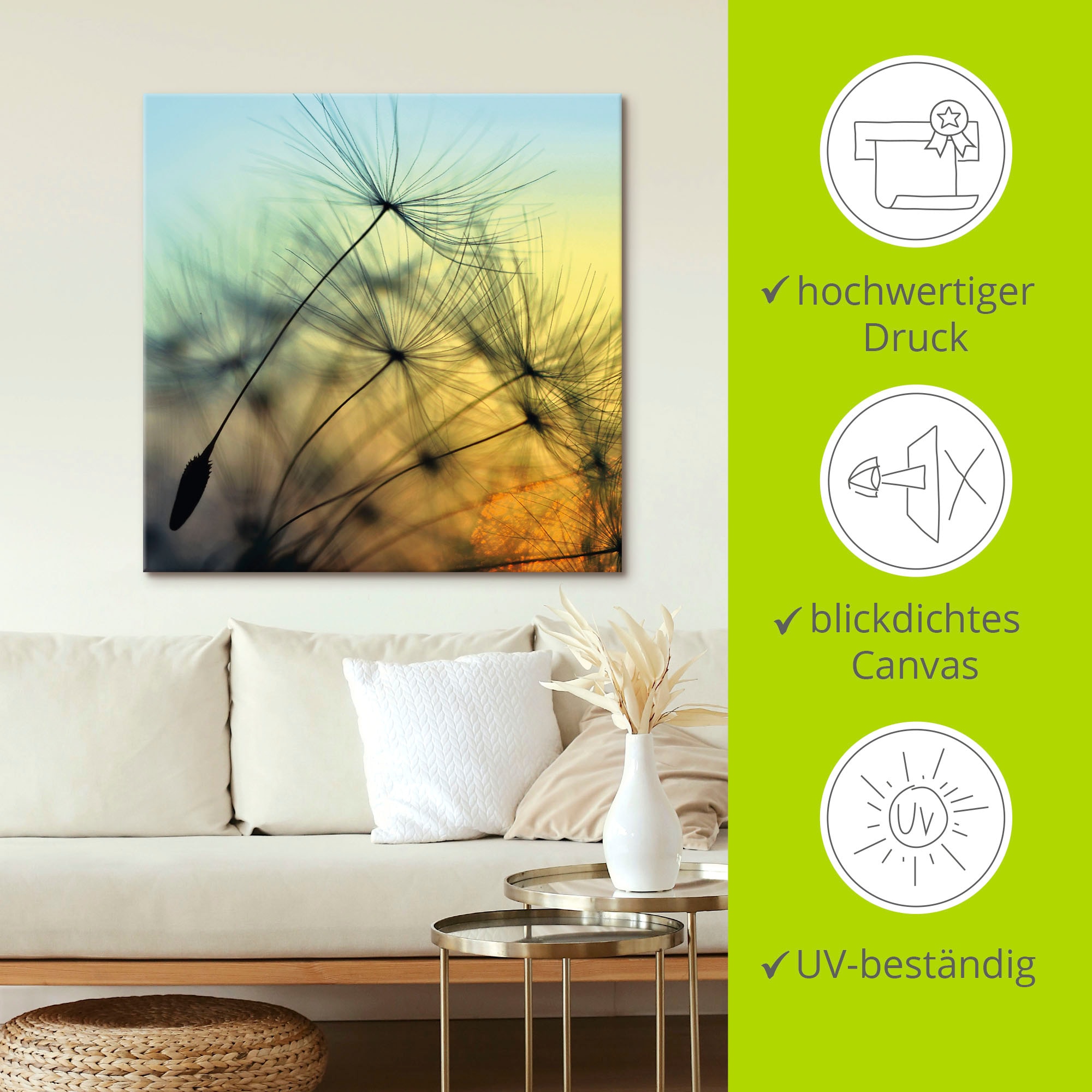 Artland Wandbild »Goldener Sonnenuntergang und Pusteblumen«, Blumen, (1 St.), als Alubild, Outdoorbild, Leinwandbild, Poster, Wandaufkleber