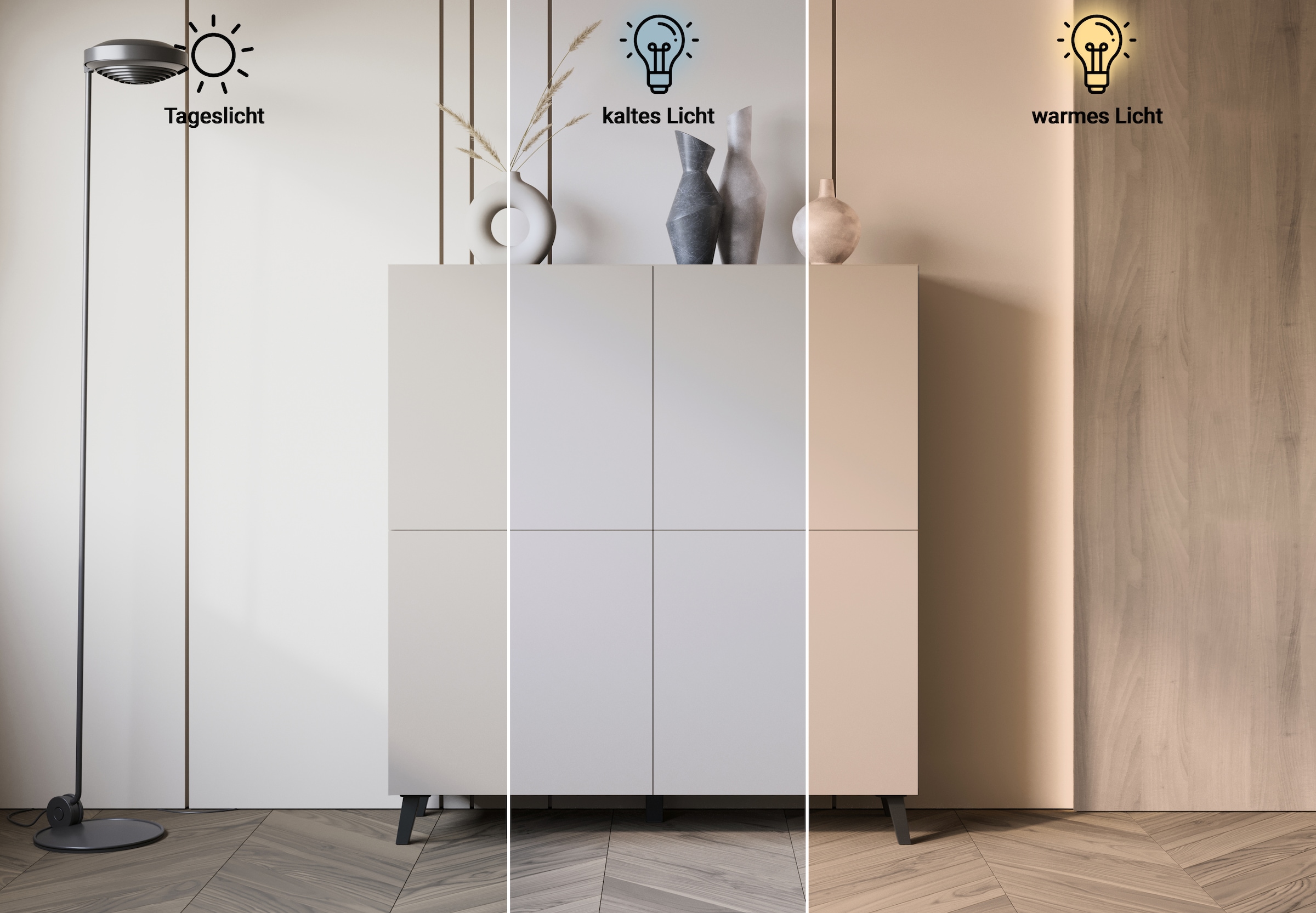 Home affaire Buffet haut »HIGHBOARD PHUKET II, Stilvolle, grifflose Hochkommode, Breite 120cm« Avec 4 portes et 8 compartiments avec étagères réglables en hauteur