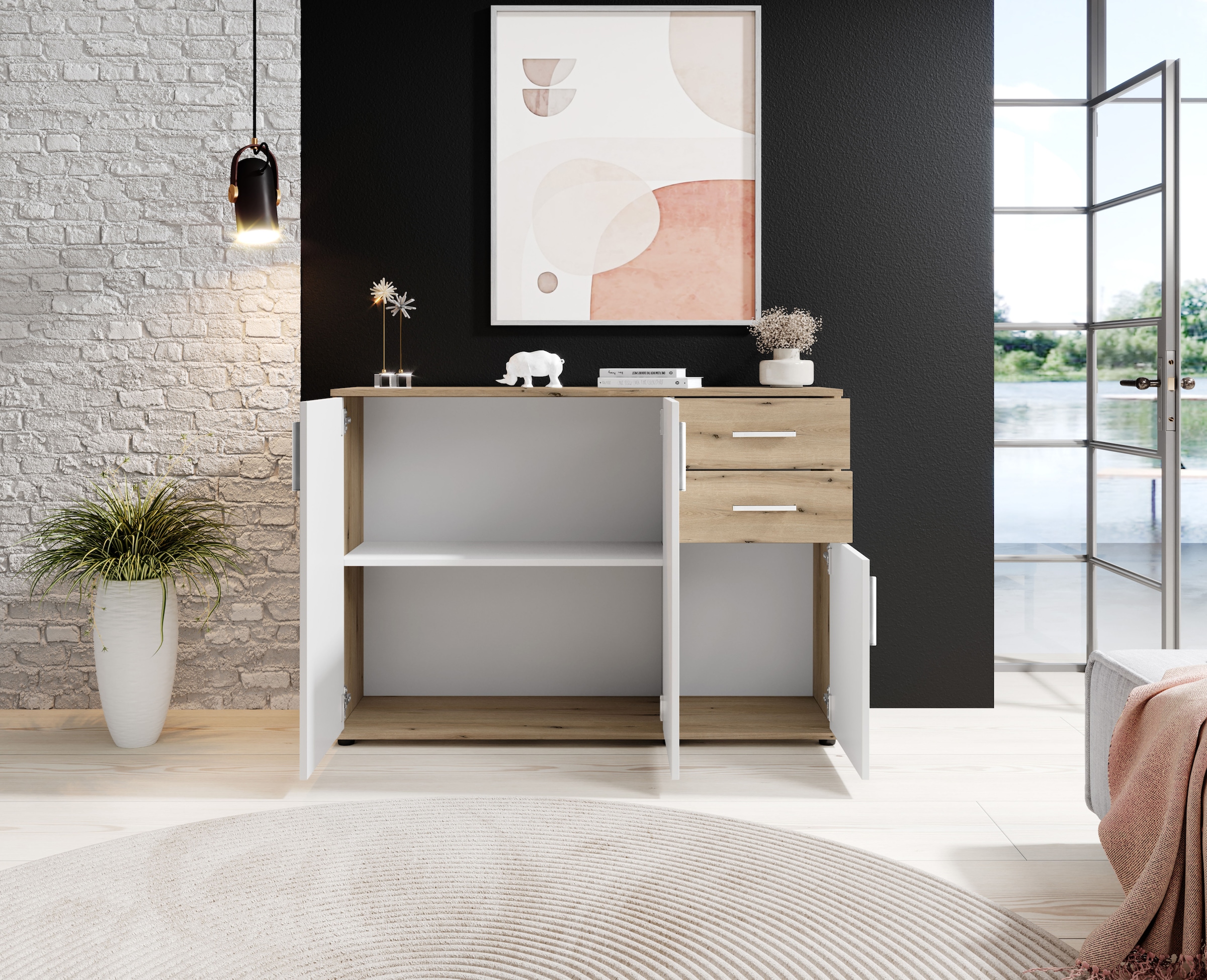 HBZ Kommode »BC-Drift-2, Sideboard Stellmass BxHxT 120x84x35 cm« 1 Stk. tlg. Kommode mit 3 Türen, 2 Schubkästen und 1 Einlegeboden