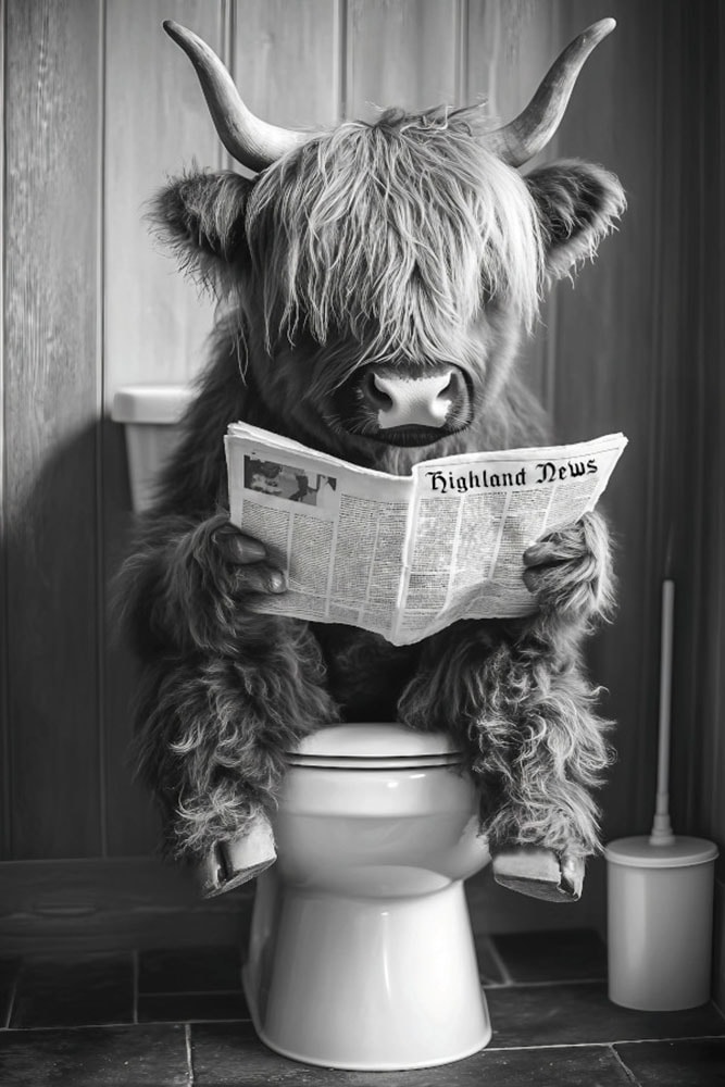 Image of Bönninghoff Leinwandbild "Wandbild HIGHLAND NEWS S/W 60x90 cm – Leinwandbild Keilrahmen Deko" Hochlandrind Humor Kuh Kuhbilder Kühe Schwarz-Weiss Tiere 1 Stk. tlg. auf Keilrahmen gespannt