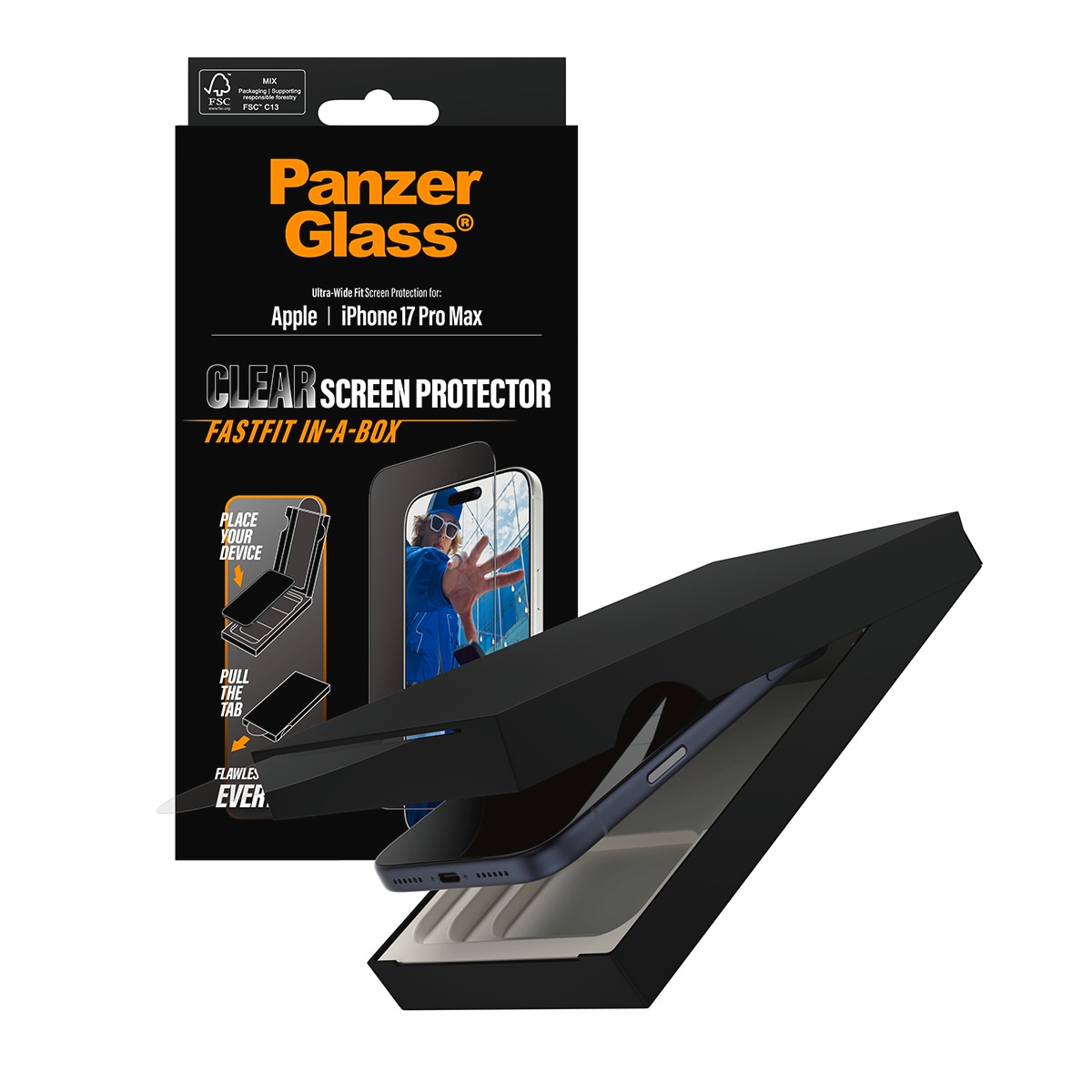 CARE by PanzerGlass Verre de protection d'écran »Ultra-Wide Fit Screen Protector FASTFIT IN-A-BOX« für Apple iPhone 17 Pro Max Displayschutzfolie, Schutzfolie, Bildschirmschutz, kratz- & stossfest