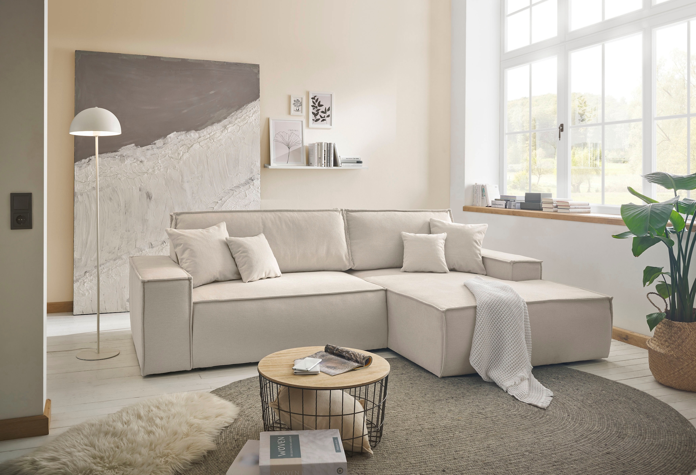 andas Ecksofa »Finnley Schlafsofa 267 cm in Bouclé u. Struktur fein, L-Form,«, Schlaffunktion m. Bettkasten (136/210 cm), Bouclé, Struktur