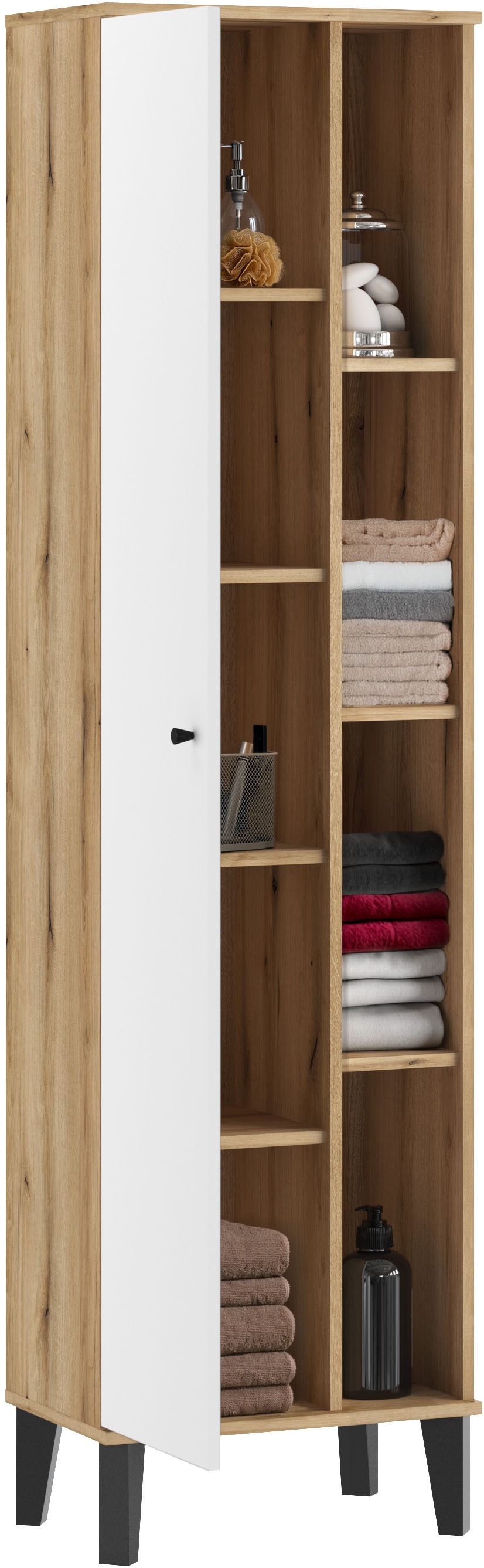 INOSIGN Armoire de rangement »Oslo, Badschrank mit Knopfgriff, Hochschrank im skandinavischen Design« in der Türfarbe Weiss oder Grau verfügbar, ausreichend Stauraum