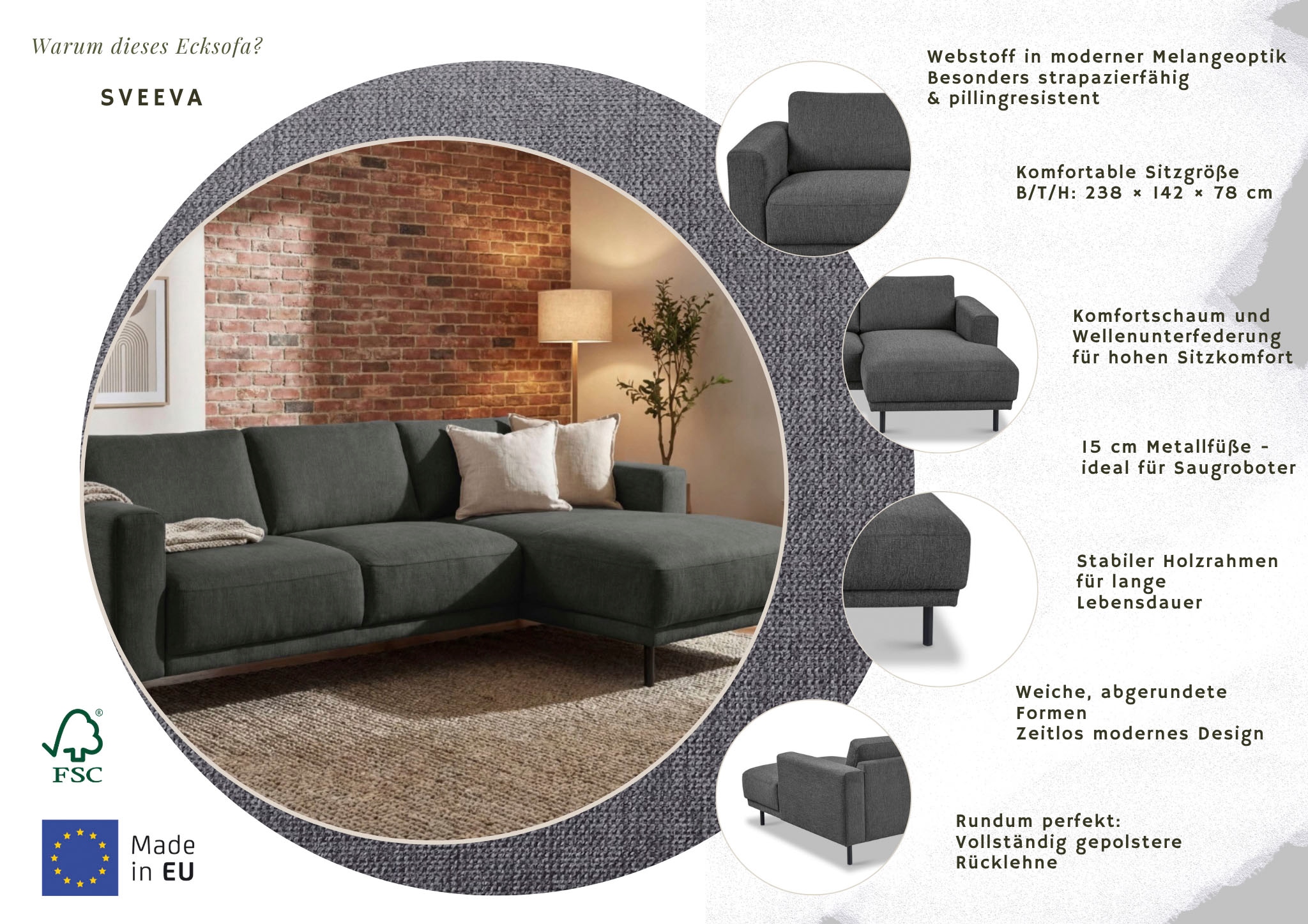 GOODproduct Canapé d'angle »Sveeva, L-Form, B.238 cm, schwarze Metallfüsse« tissu tissé durable, avec suspension ondulée, plusieurs couleurs