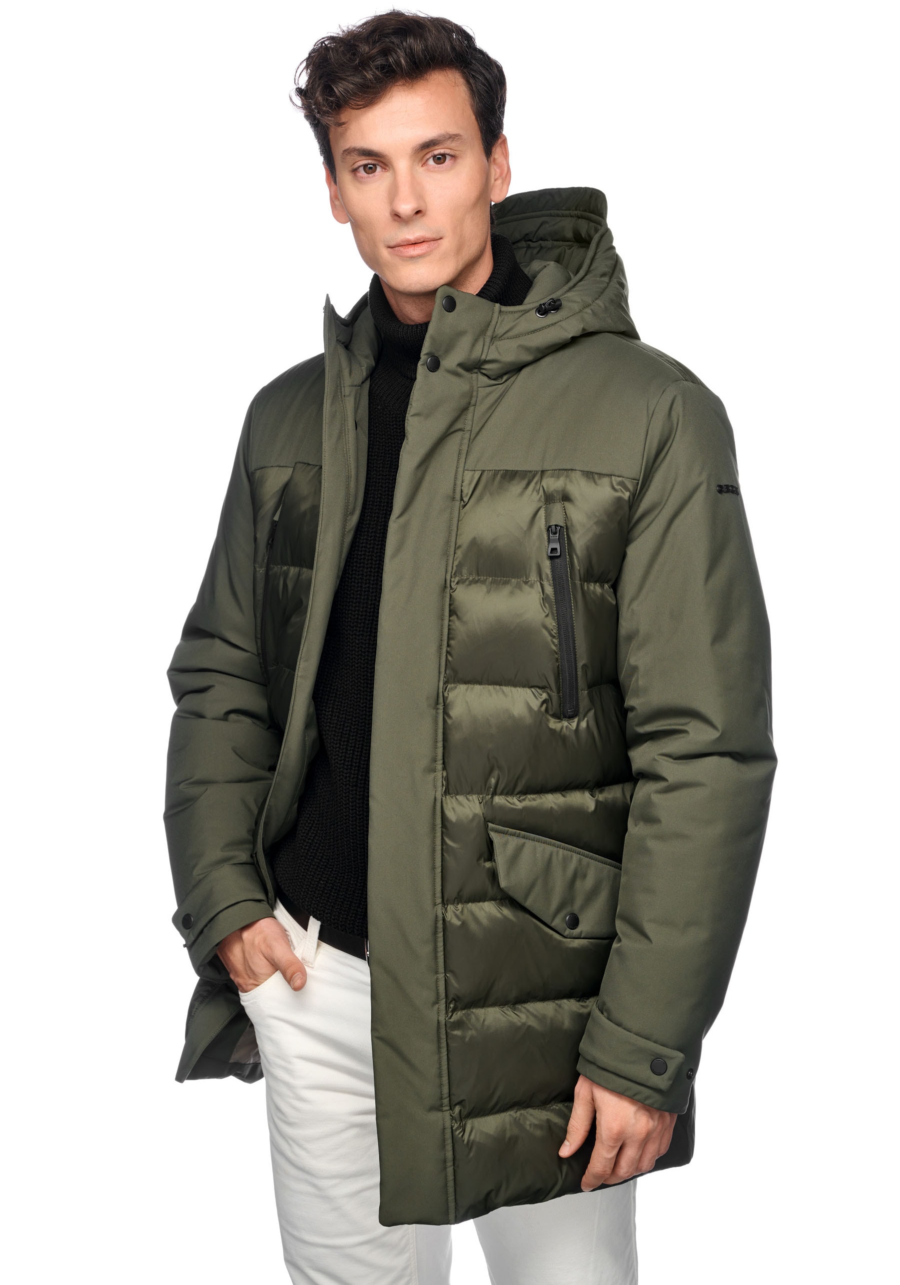Geox Langjacke »SAPIENZA«, mit Kapuze, im Materialmix, 4 Taschen, Kapuze, verdeckter Reissverschluss