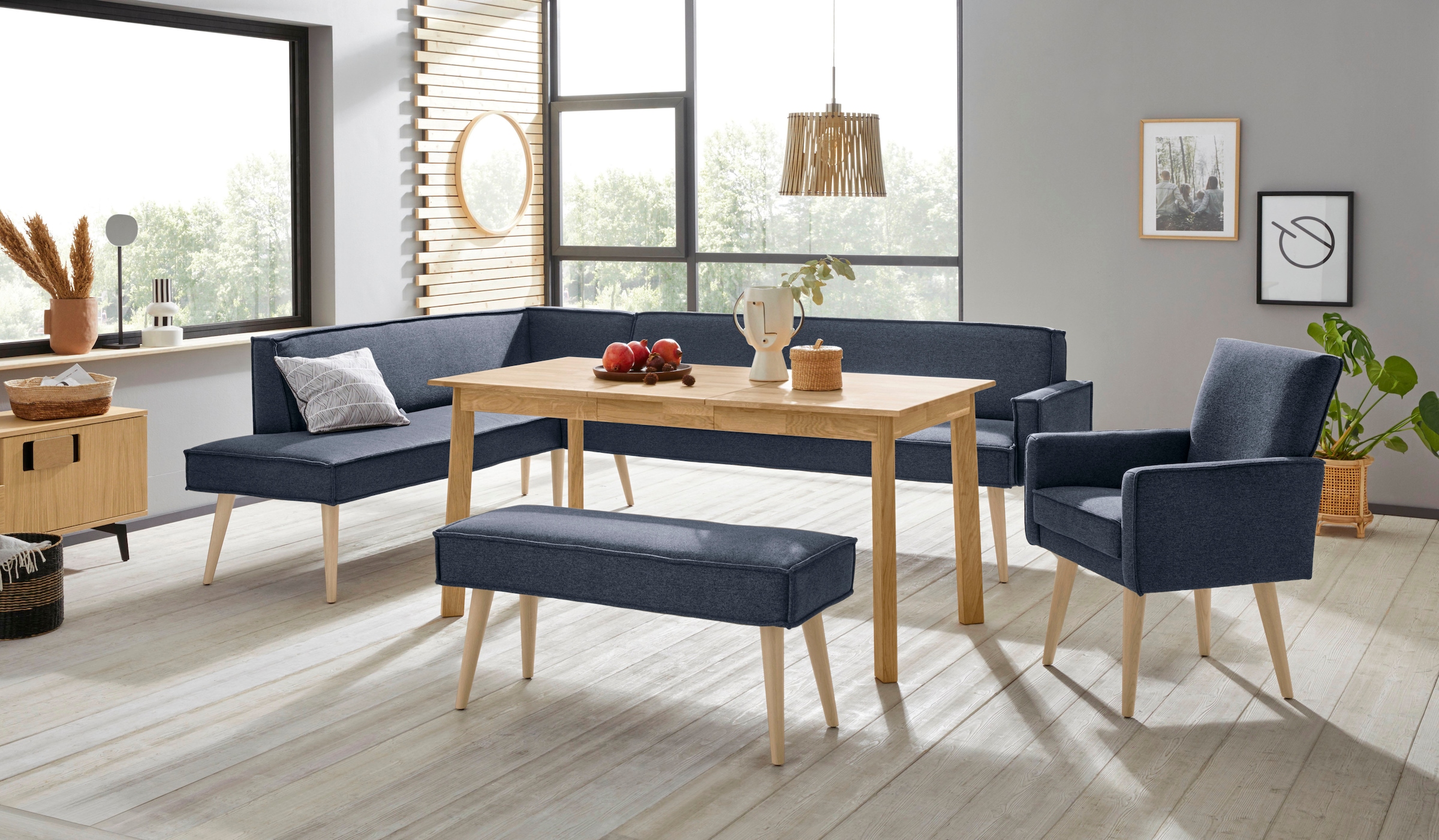 exxpo - sofa fashion Eckbank »Lungo, moderne Kedernaht, bequem und elegant, hoher Holzfuss«, hochwertige Detailverarbeitung, frei im Raum stellbar