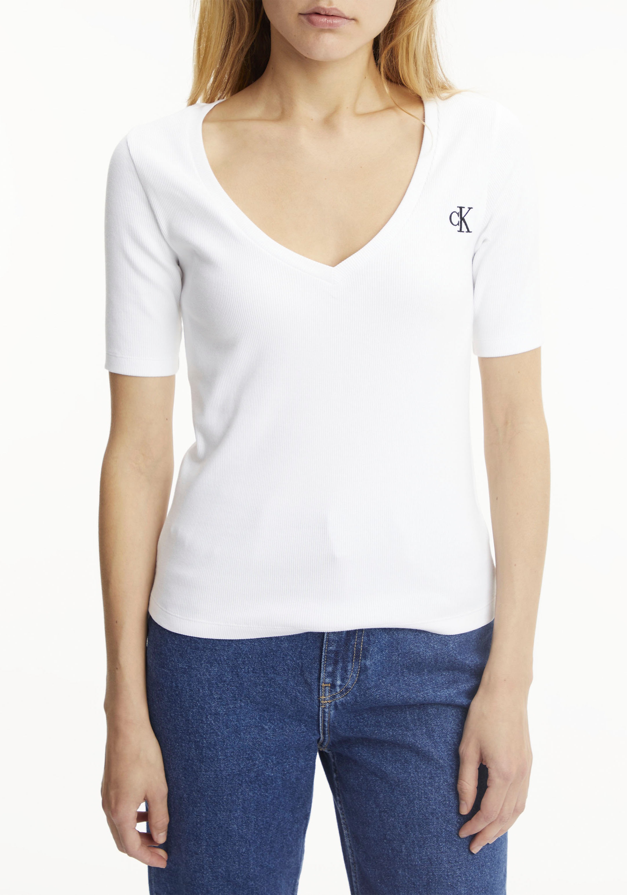 Image of Calvin Klein Jeans V-Shirt »CK RIB V-NECK TEE«, mit Calvin Klein Jeans Logo-Print bei Ackermann Versand Schweiz