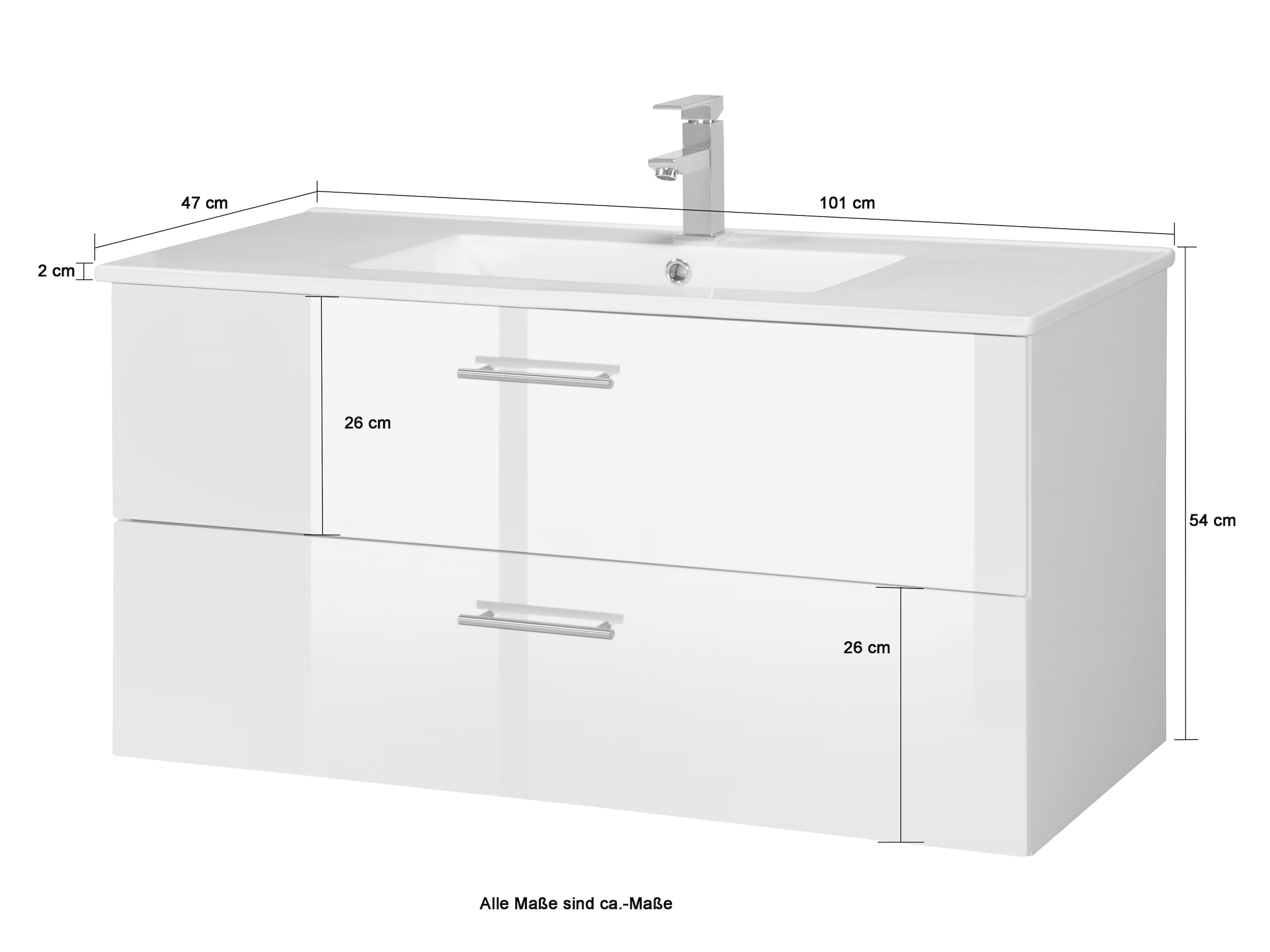 welltime Table de lavage »Trento in verschiedenen Ausführungen Unterschrank inkl. Waschbecken« meuble de salle de bain largeur 100 cm, plan vasque avec 2 tiroirs, armoire de salle de bain