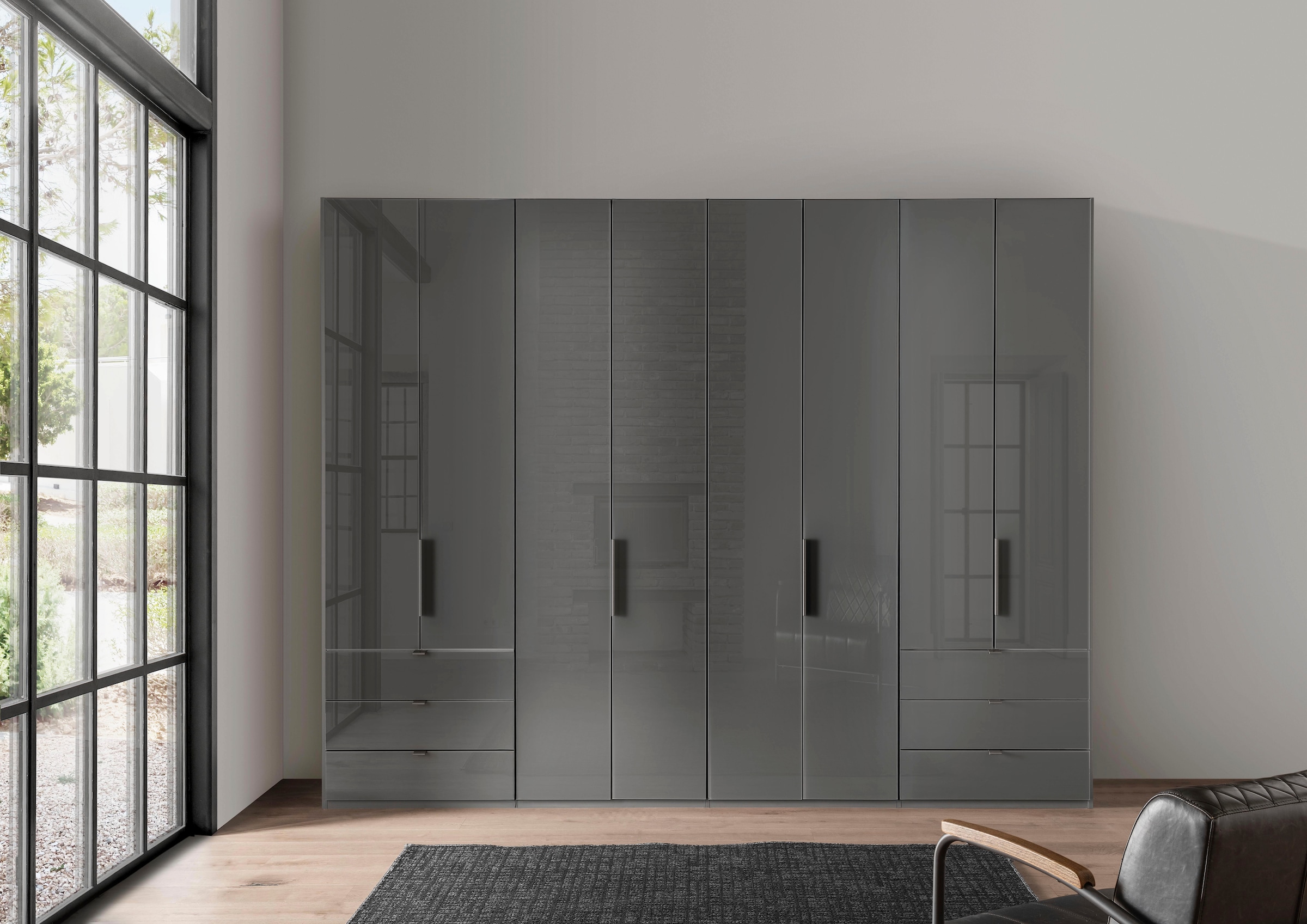 WIEMANN Armoire à portes pliantes »Ohio, Kleiderschrank, Schrank, Garderobe, mit Schubladen, 300 cm« inklusive Einlegeböden & Kleiderstangen, 2 Höhen, MADE IN GERMANY,  inklusive Tür und Schubkastendämpfung, hochwertige Glasfront