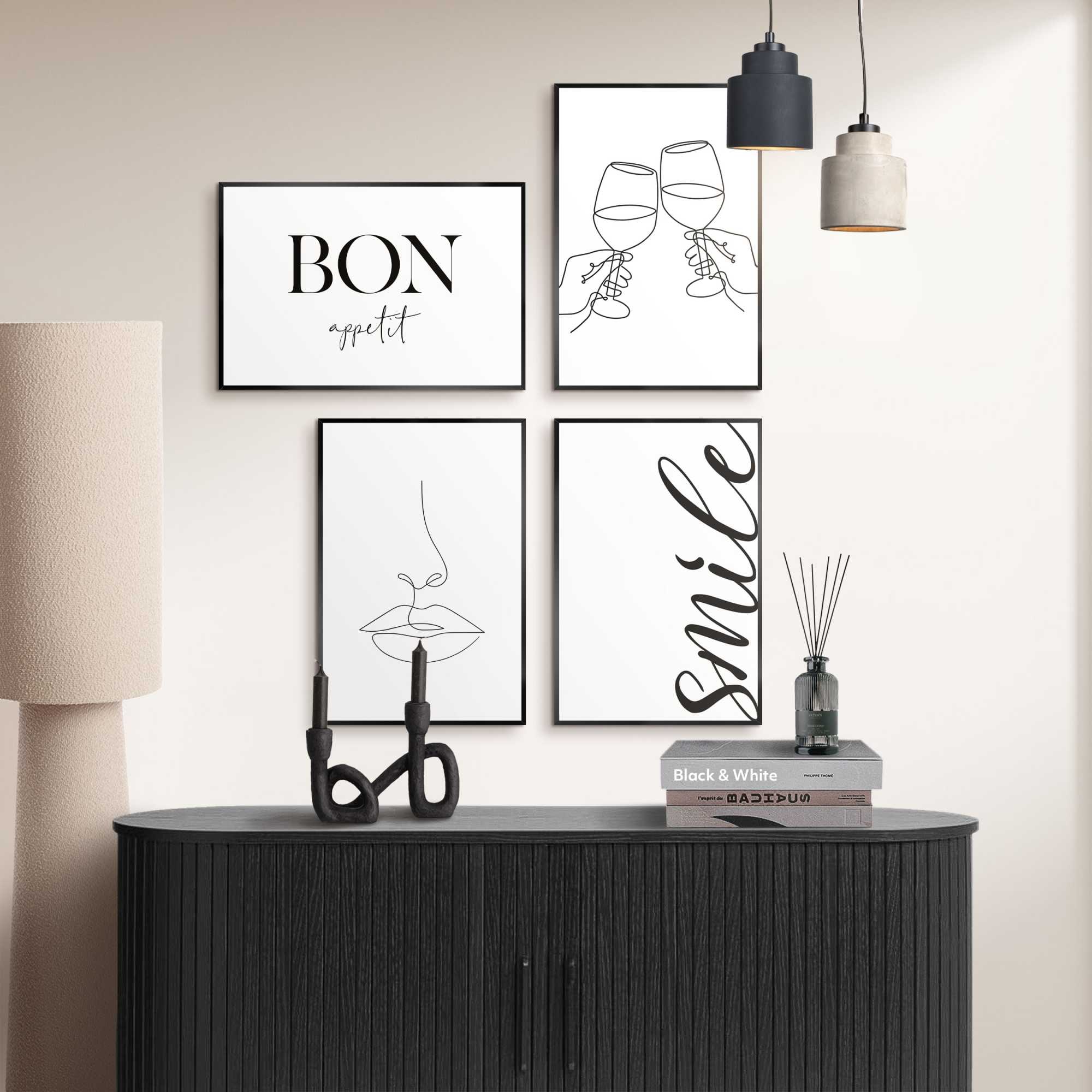 Image of Reinders Bild mit Rahmen "Prost" Schriftzüge 4 Stk. tlg. Küche - Schwarz-Weiss - MDF - Sprüche - 20x30 cm