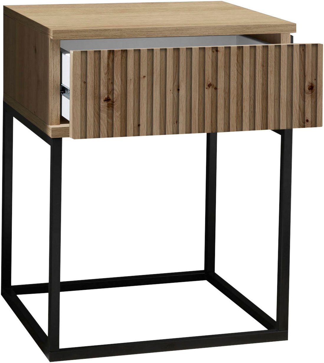 Schlafkontor Nachtkommode »Marle Nachtkonsole, Nachtkästchen auf Metall-Fussgestell« Schubkasten in Rillenoptik auf schwarzem Metallgestell