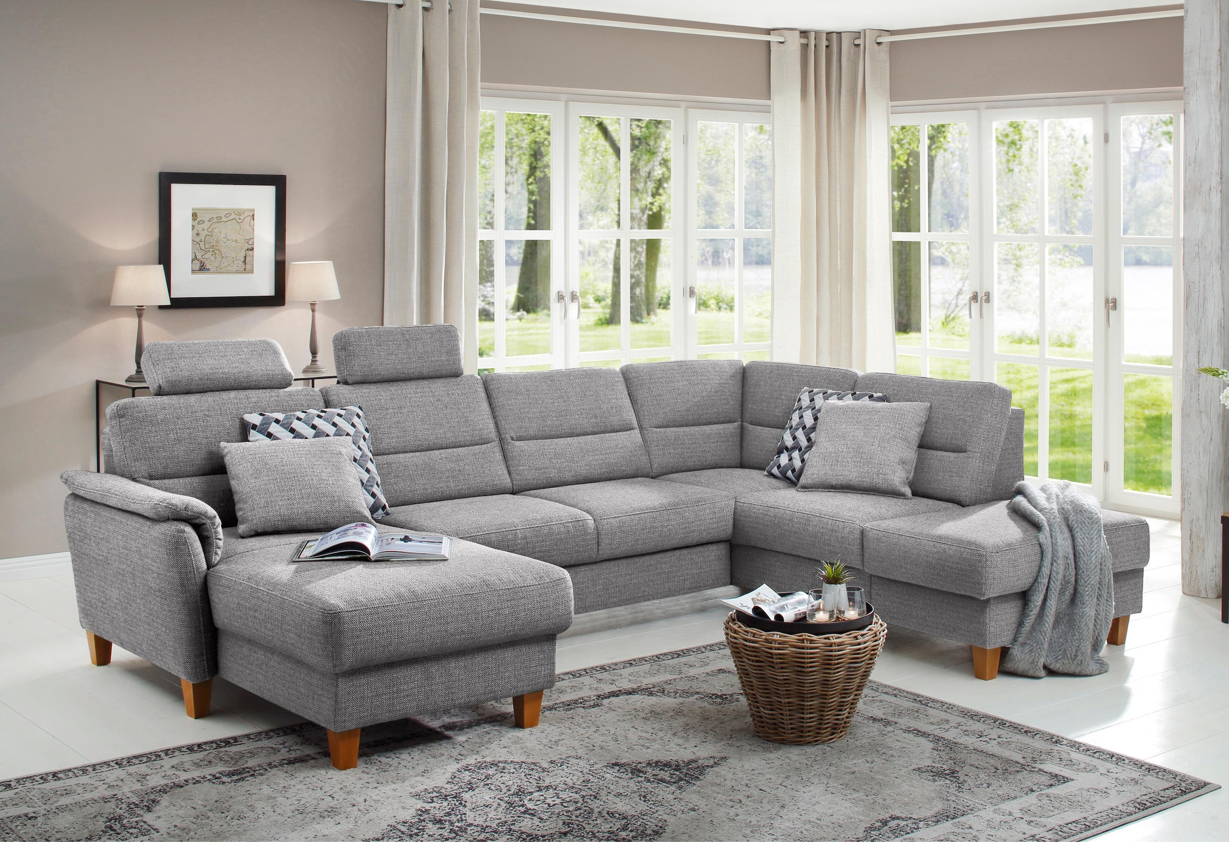 Image of Home affaire Wohnlandschaft "Palmera U-Form, B: 308 cm, grosse Stoff + Leder Auswahl" mit Schlaffunktion, optional Bettkasten, Federkern, XXL-Wohnlandschaft