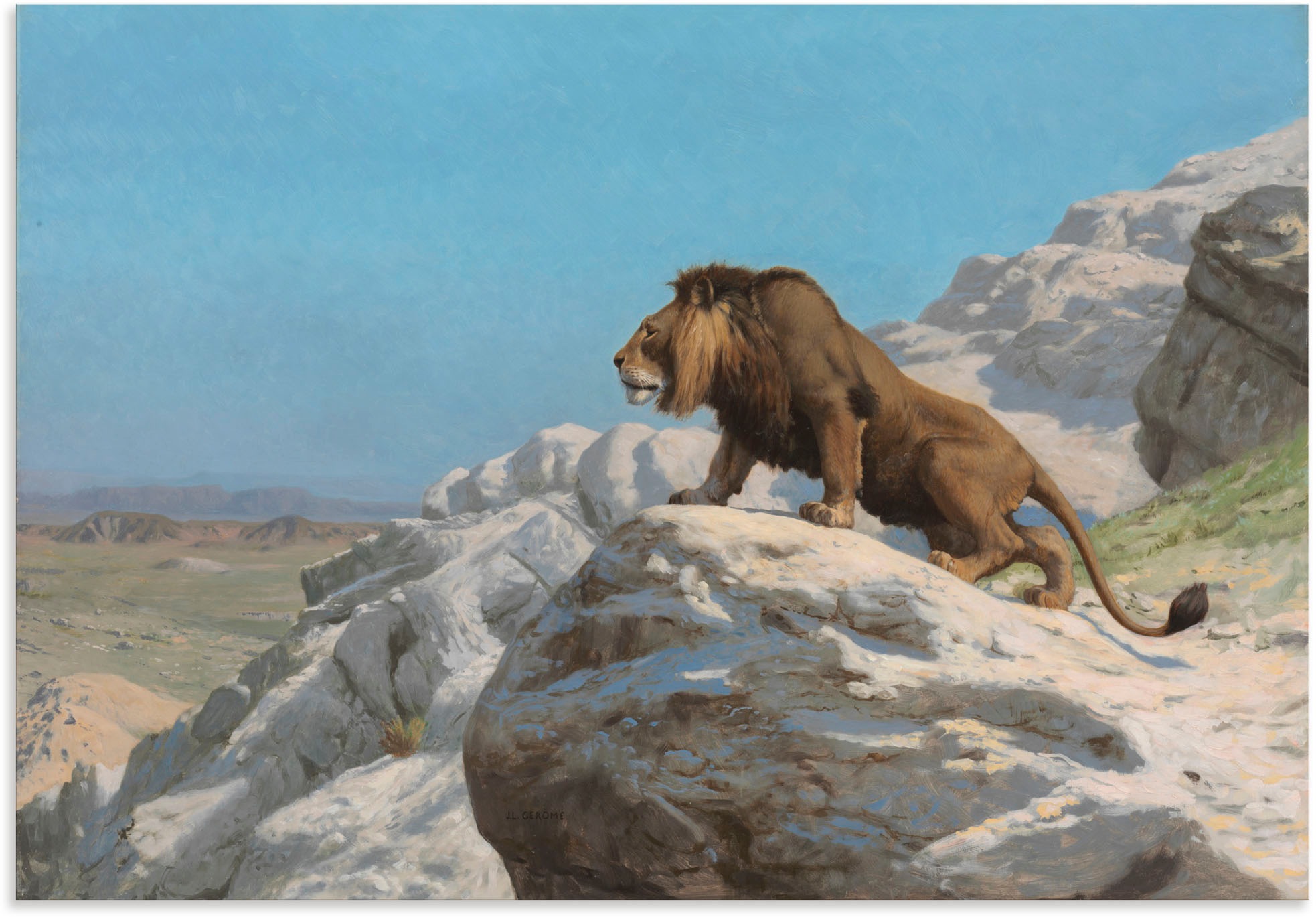 Image of Artland Wandbild »Lauernder Löwe. Um 1885«, Raubkatzen, (1 St.), in vielen Grössen & Produktarten - Alubild / Outdoorbild für den Aussenbereich, Leinwandbild, Poster, Wandaufkleber / Wandtattoo auch für Badezimmer geeignet bei Ackermann Versand Schweiz