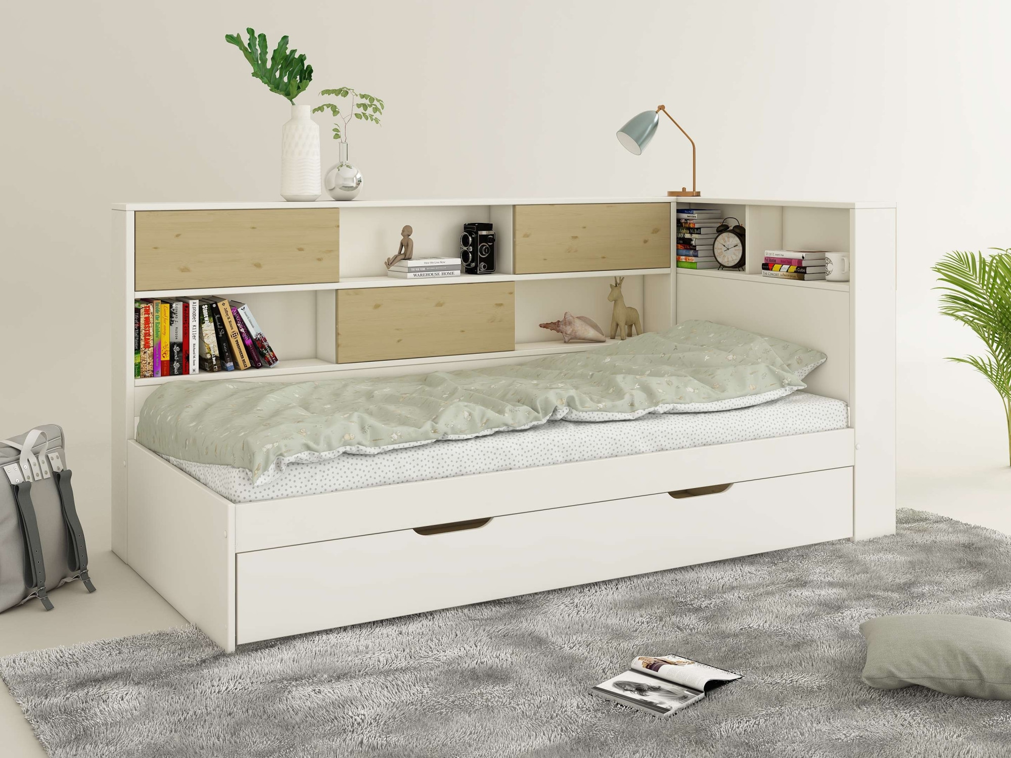 Home affaire Stauraumbett »Amance, Massivholz mit MDF, viel Stauraum, ideal für kleine Räume«, (Aussenmasse B/T/H: 110,2/220,1/106,9 cm), FSC® zertifiziert, inklusive Lattenrost, Made in EU