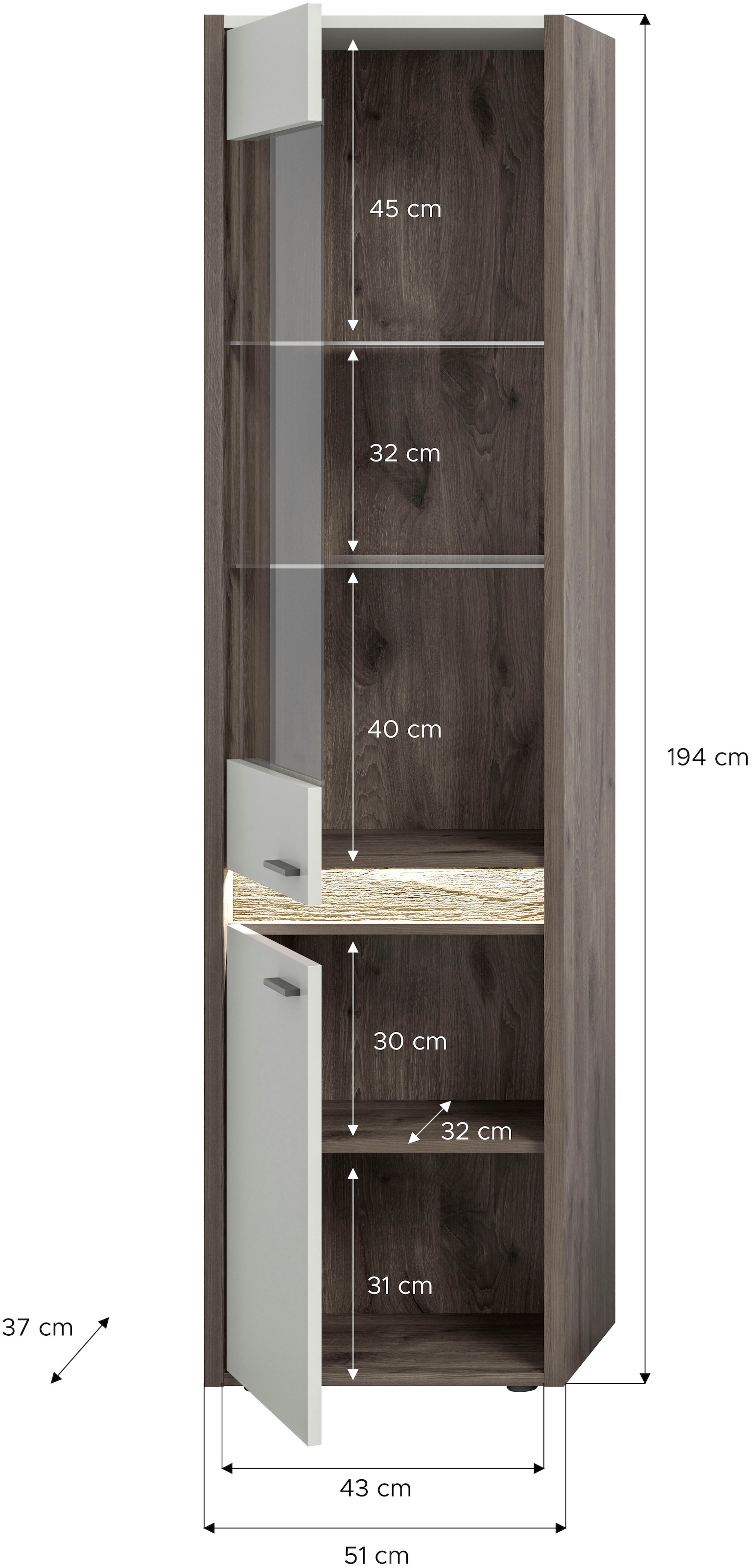 INOSIGN Vitrine »Treviso, Höhe 198 cm, inkl. Frontbeleuchtung, 2 Türen, 2 Glasböden« 1 Einlegeboden, Standvitrine, Glasvitrine, Vitrinenschränke