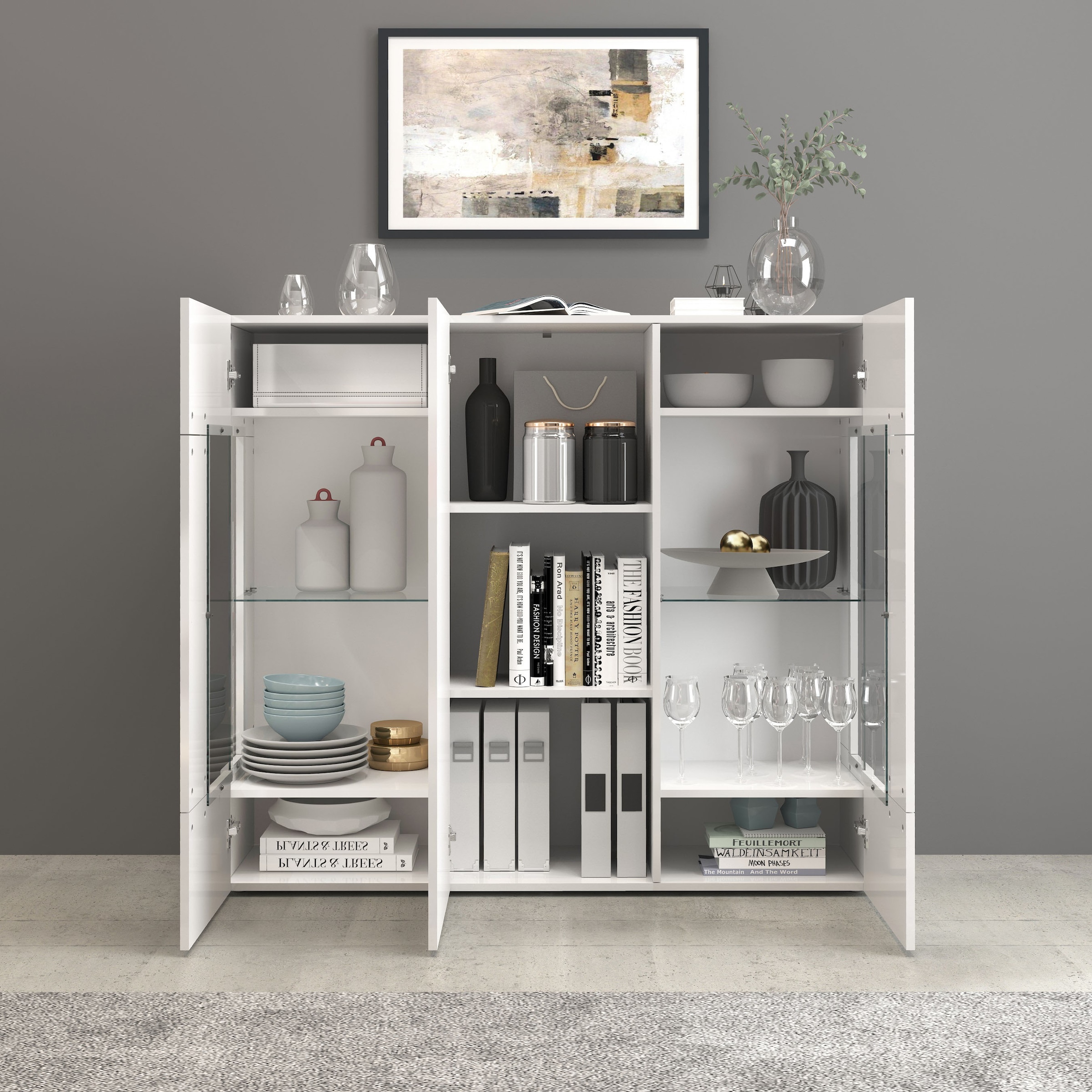 INOSIGN Highboard »Egypt, Highboard, Hochschrank, Hochkommode, Vitrine«, mit 3 Türen davon 2 mit Glaseinsatz,kompl. Hochglanz lack.,Breite 135