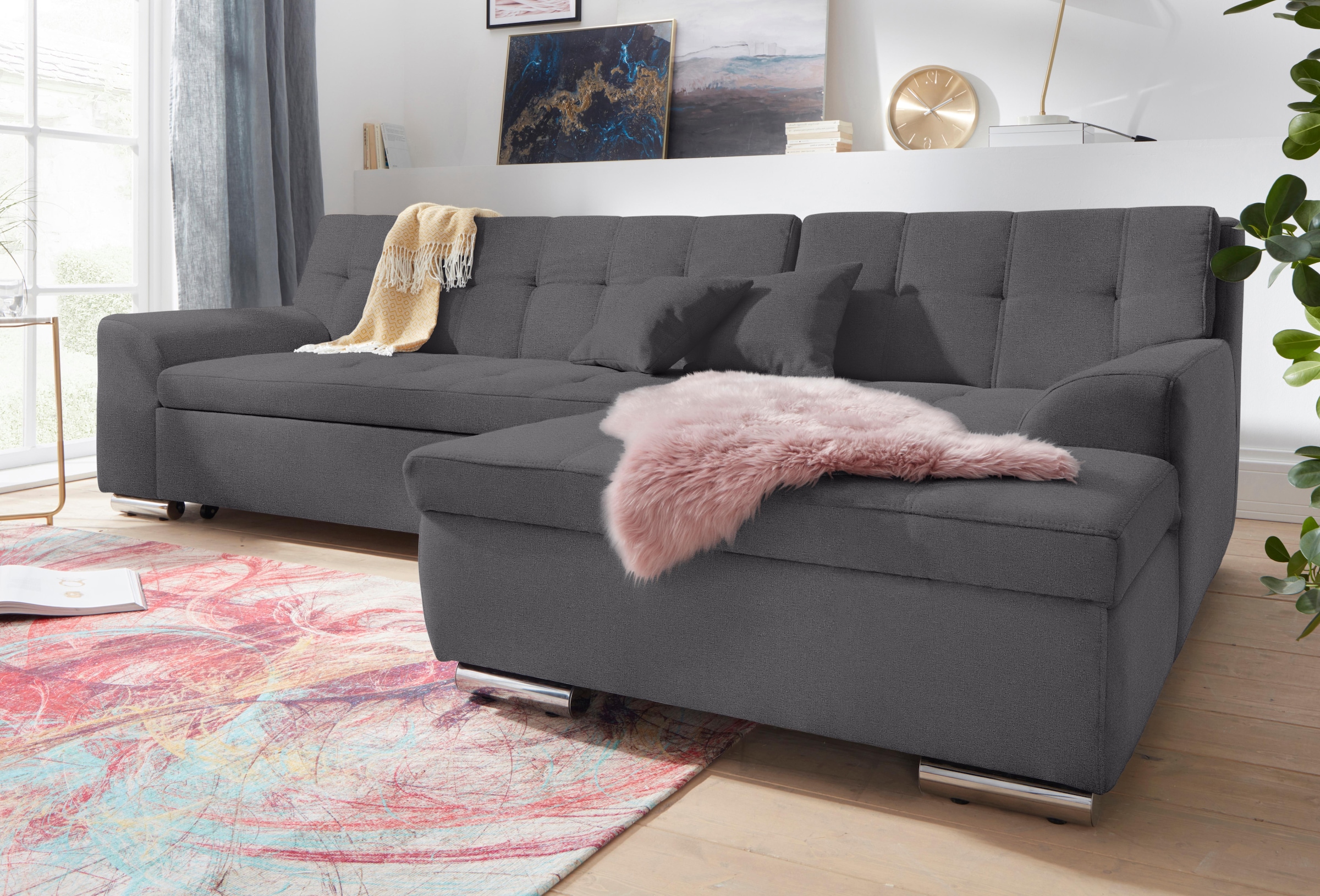 DOMO collection Ecksofa »Aversa, moderne Steppung, geschwungene Armlehnen, Breite 267cm« L-Form, wahlweise mit Bettfunktion