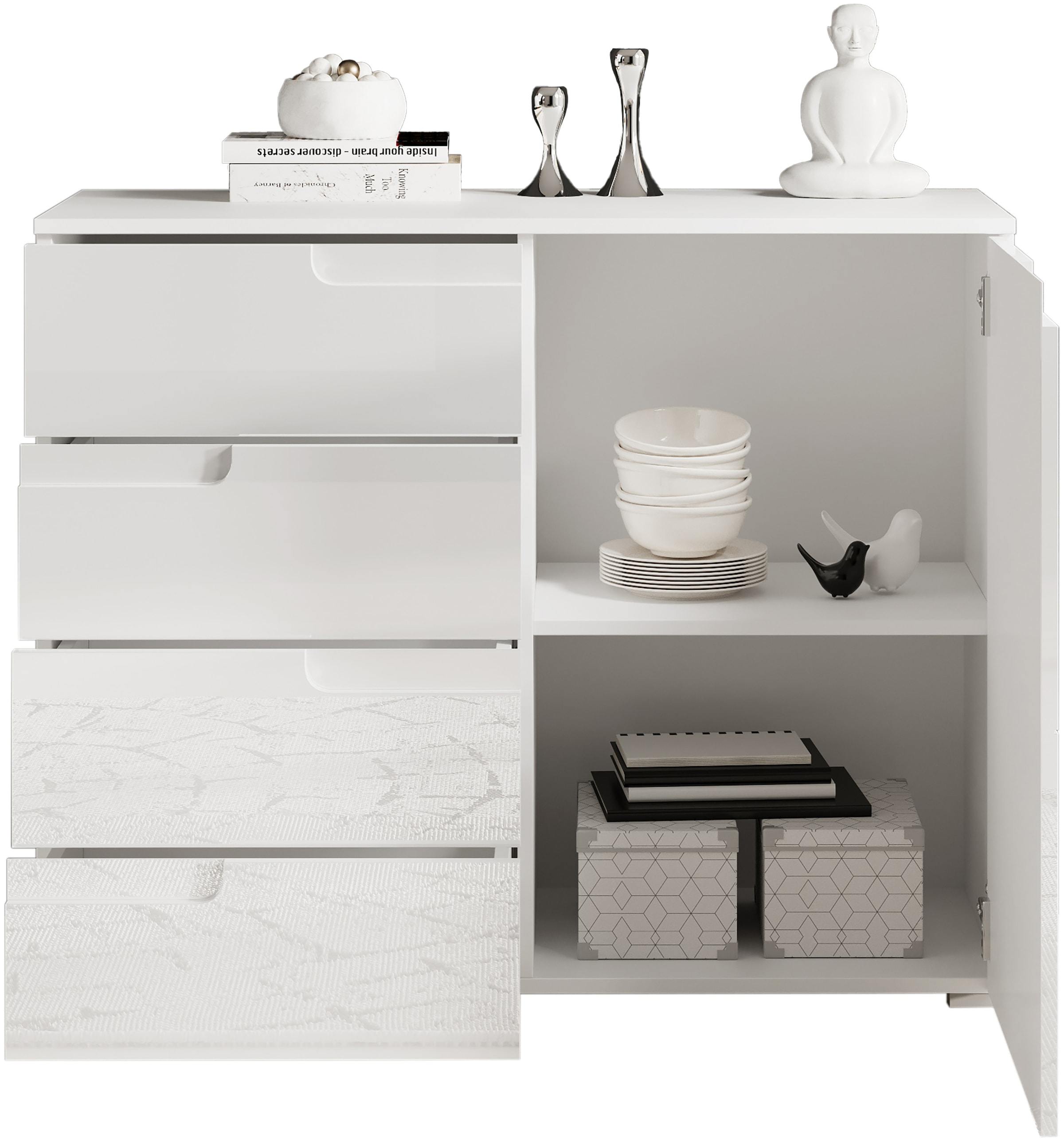 HBZ Kommode »Spice weiss hochglanz, BxHxT 100x80x40 cm« Kommode mit 1 Tür, 4 Schubkästen und 1 Einlegeboden