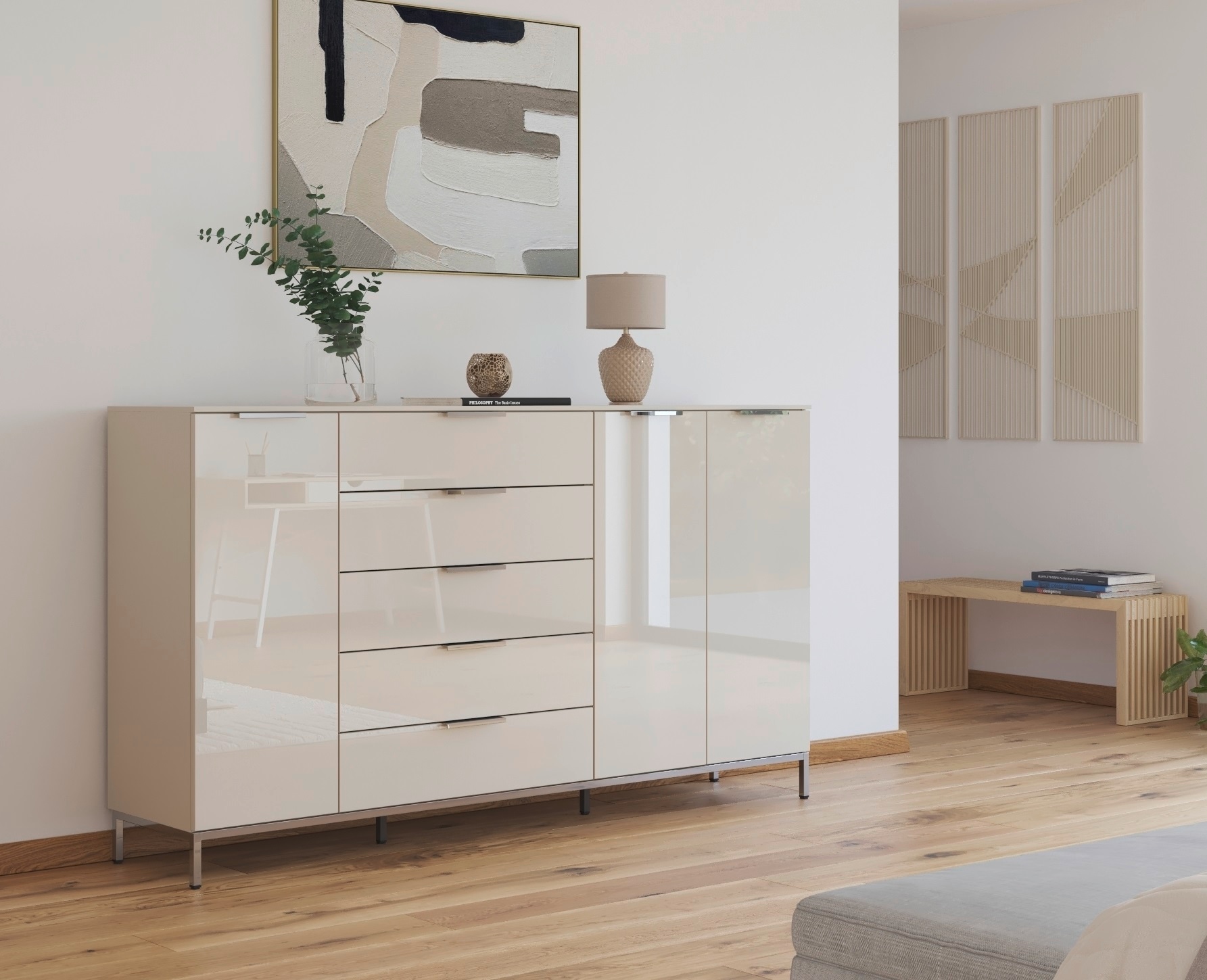 rauch Commode combinée »Kommode Türkommode Sideboard Kombikommode FLIPP mit Glasfront« Largeur 200 cm avec 4 étagères,  3 portes avec 5 tiroirs et fonction soft-close ainsi que façade en verre