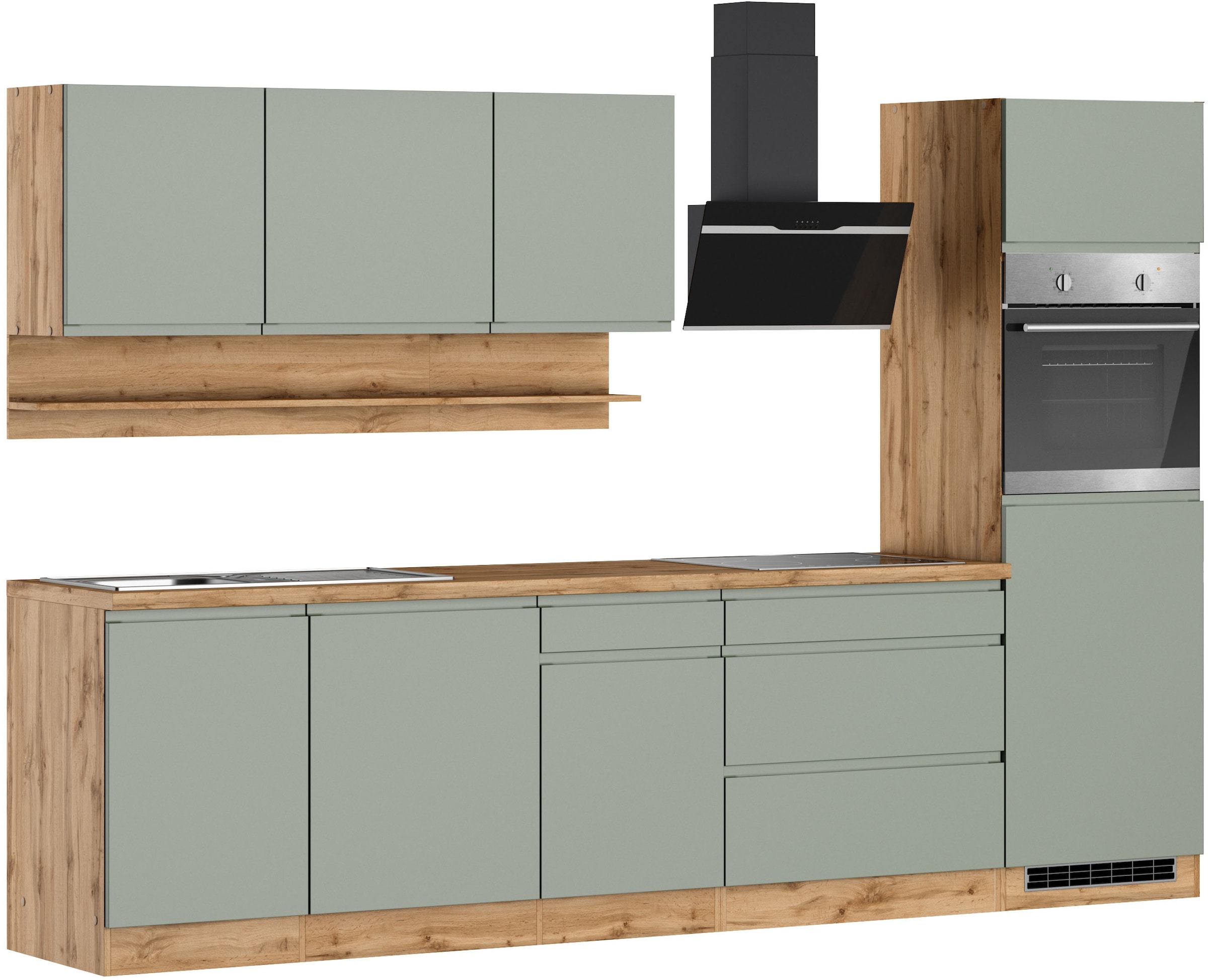 KOCHSTATION Küchenzeile »KS-Virginia,neu in verbesserter Ausführung« Arbeitsplatte 38 mm stark, Stauraum, Softclose,  Breite 300 cm, Soft-Close, wahlweise mit E-Geräten