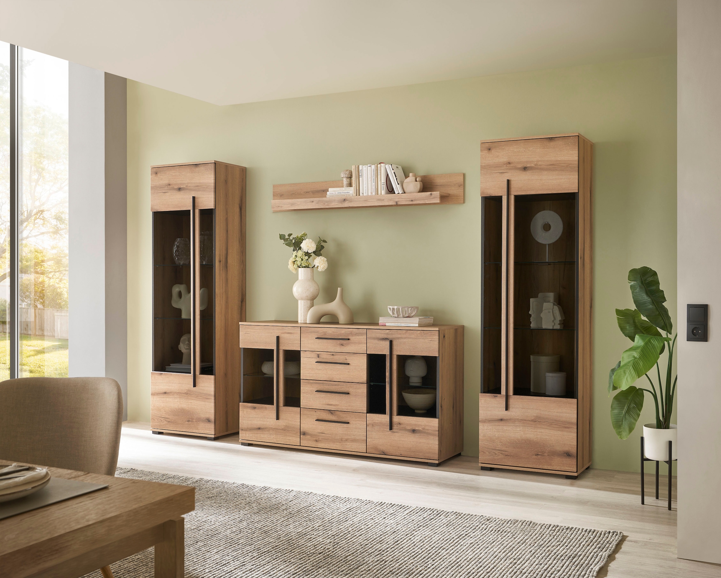 INOSIGN Wohnwand »Cantara, moderne Anbauwand, Wohnzimmer-Set, in Eiche Evoke oder Weiss«, (Set), enthält zwei Vitrinen, ein Sideboard und ein Wandboard
