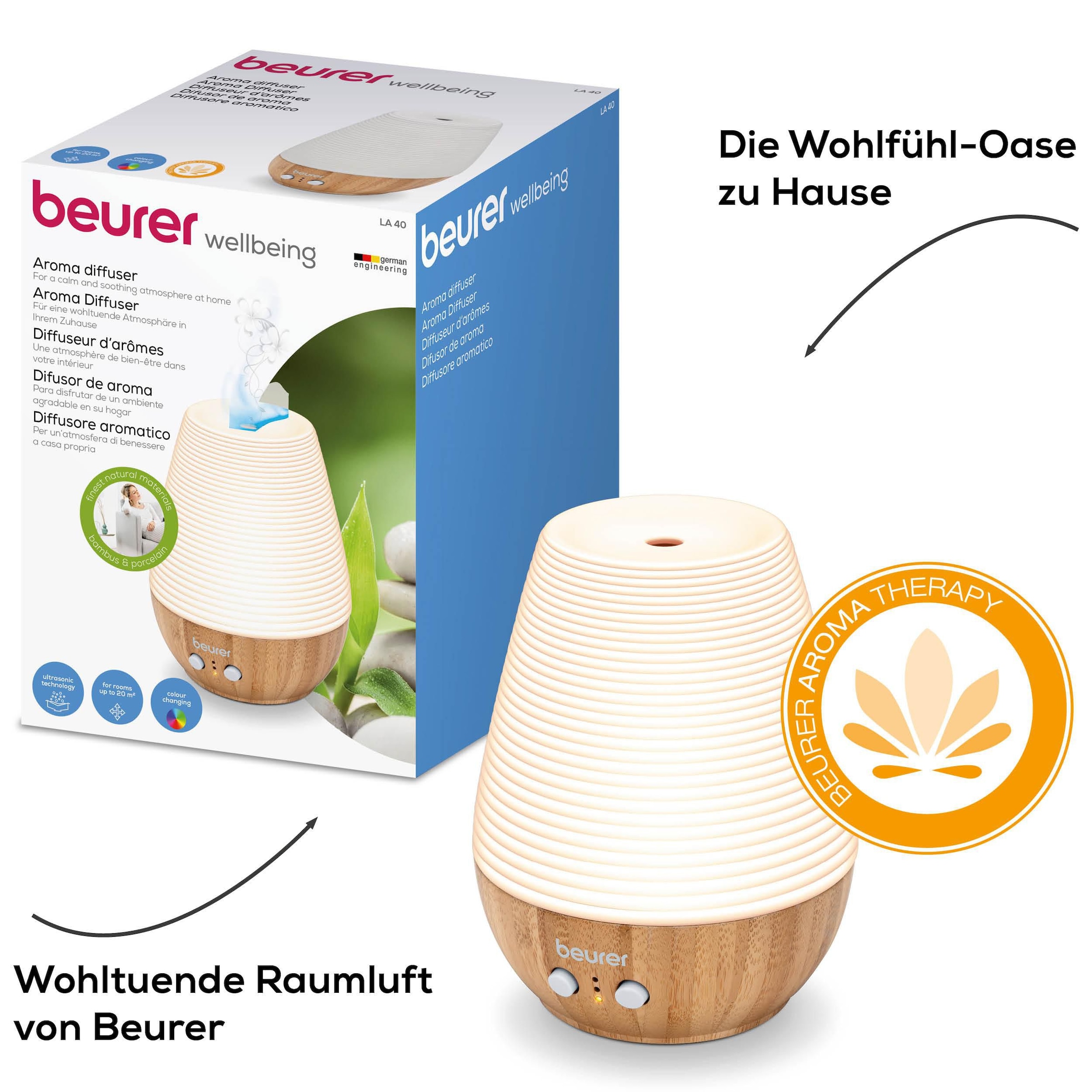 BEURER Diffuser »LA 40, feine Zerstäubung von Aroma und Düften«, 0,18 l Wassertank, Mit zuschaltbarem Wellnesslicht mit Farbwechsel