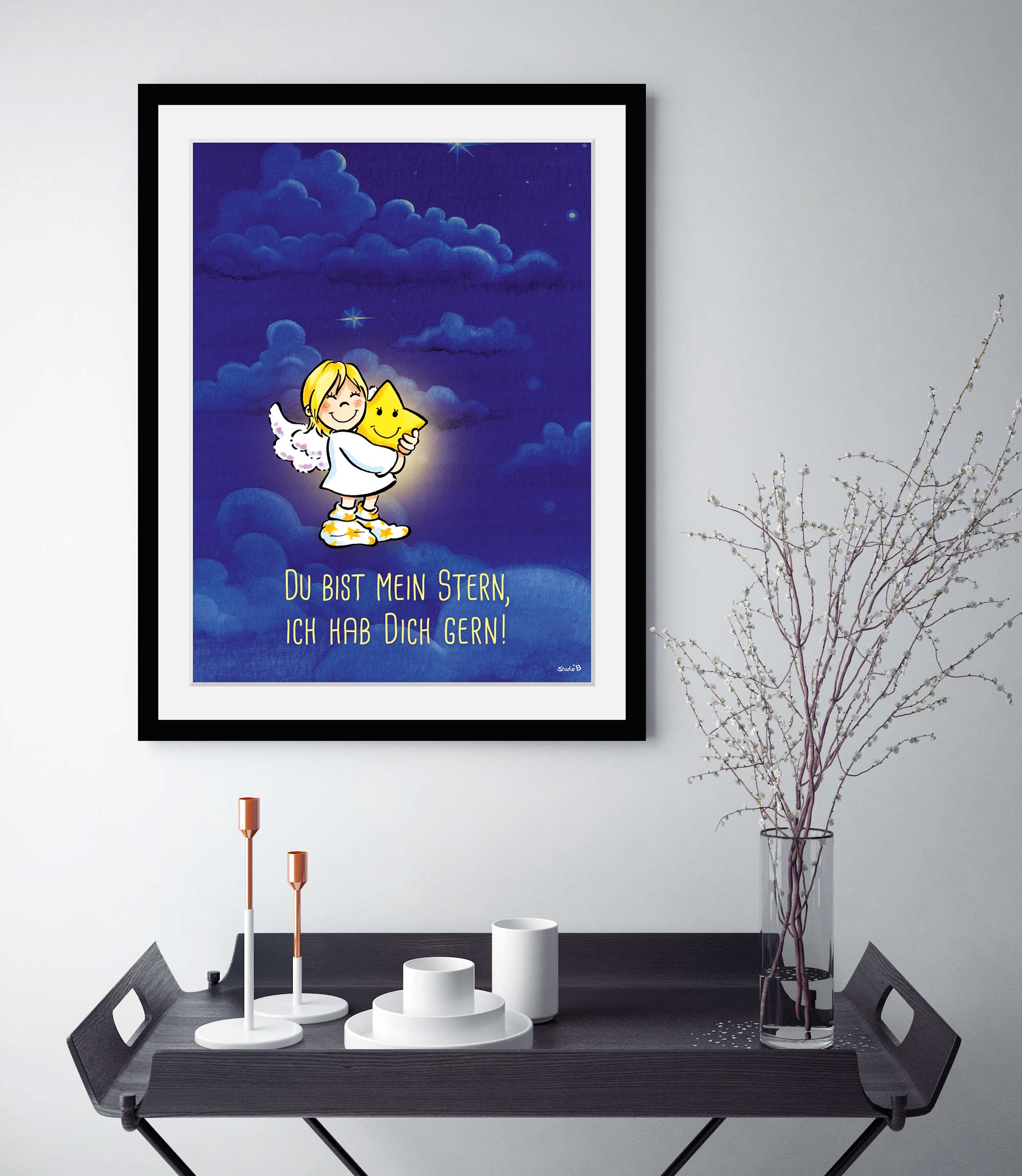Image of queence Bild "Lauras Stern" Engel Himmel Stern Sterne 1 Stk. tlg. HD Premium Poster-Druck inkl. Holzrahmen