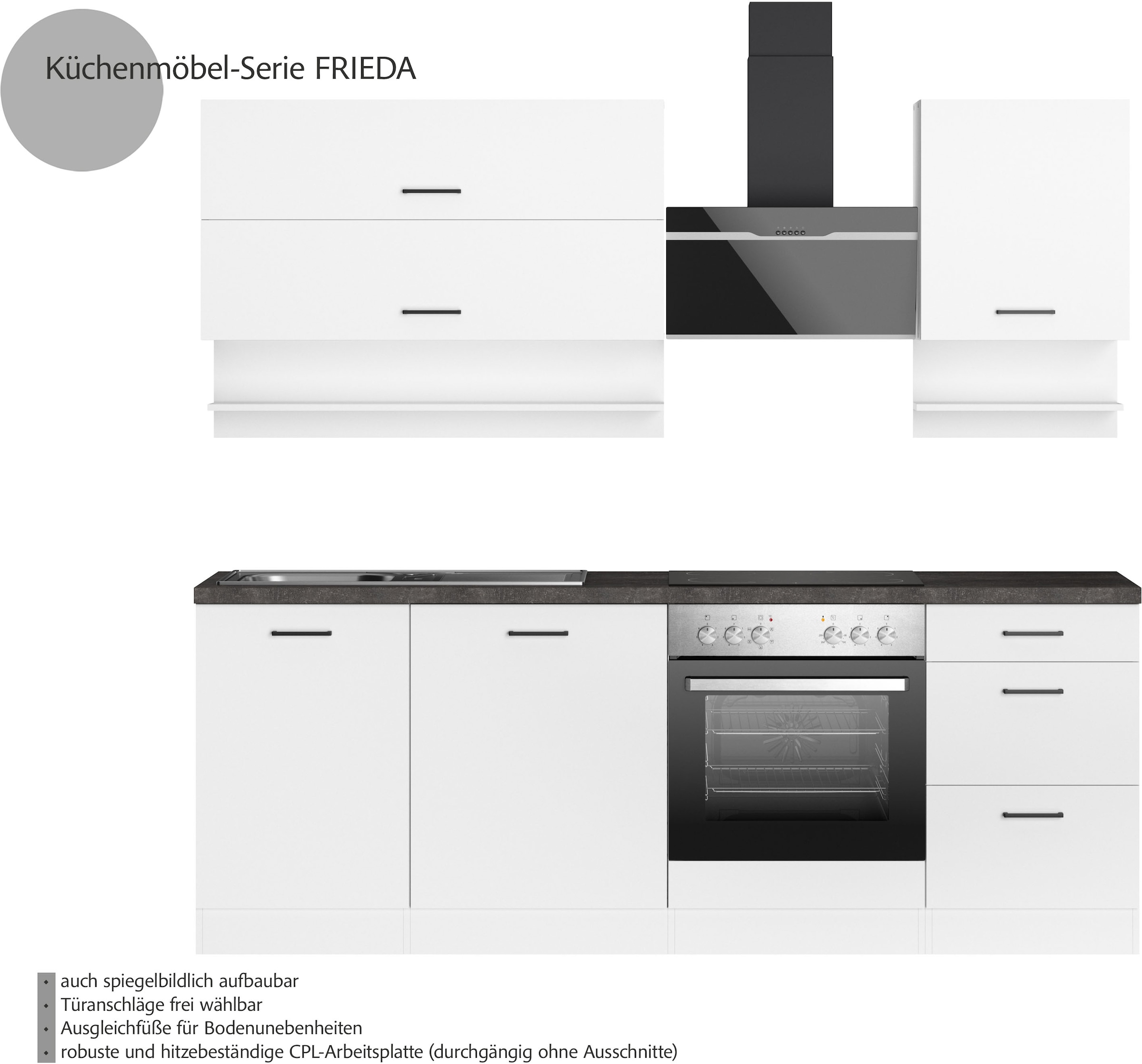 KOCHSTATION Küchenzeile »KS-Frieda Breite 220 cm« wahlweise mit E-Geräten, mit 38mm starker Arbeitsplatte