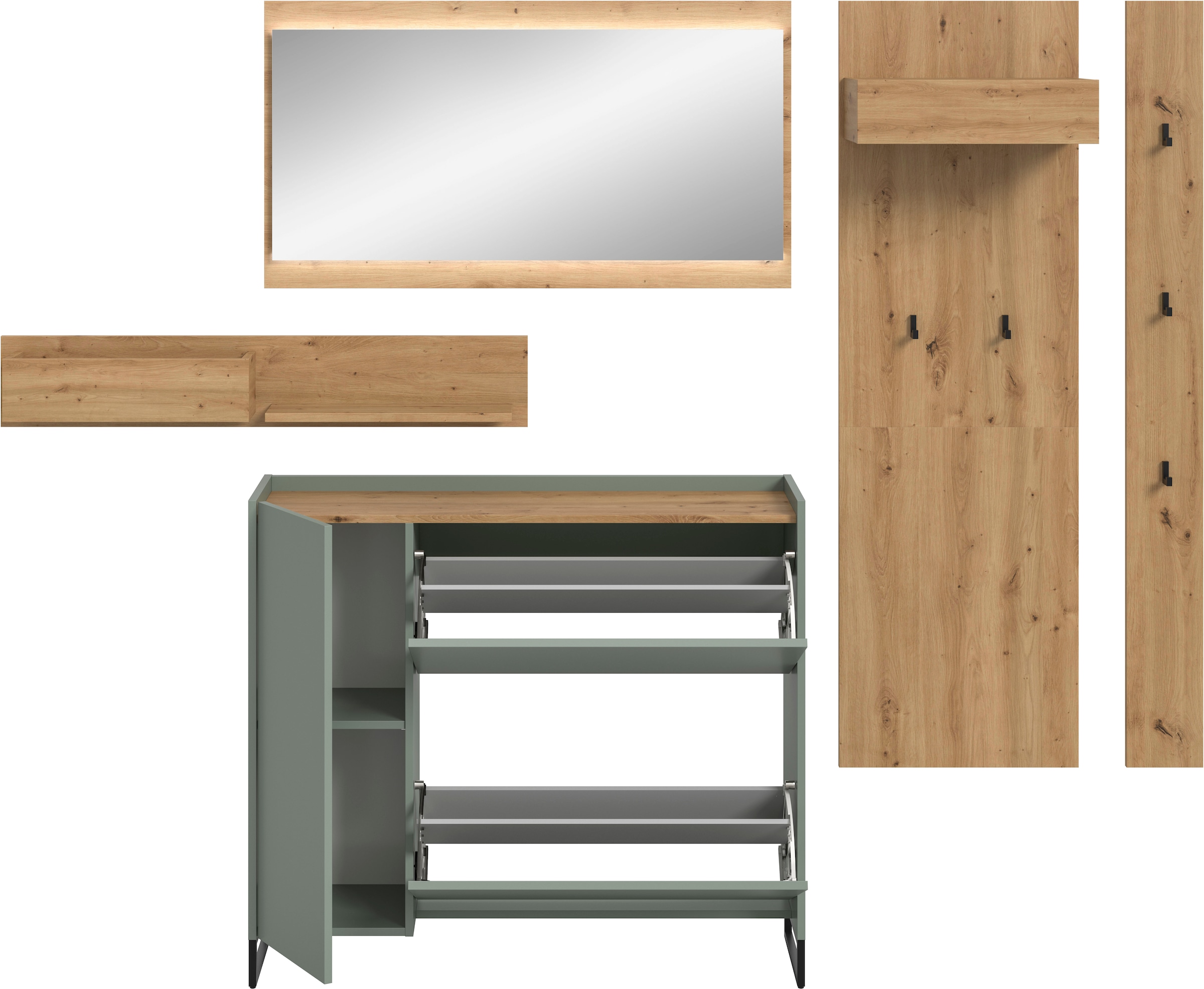 Home affaire Ensemble de vestiaires »EVRID, 5-teilig, Breite 236 cm, inkl. Beleuchtung« best. aus: Wandboard, Kommode, Spiegel, Garderobenpaneel, Hakenleiste, 5 cuis tlg.