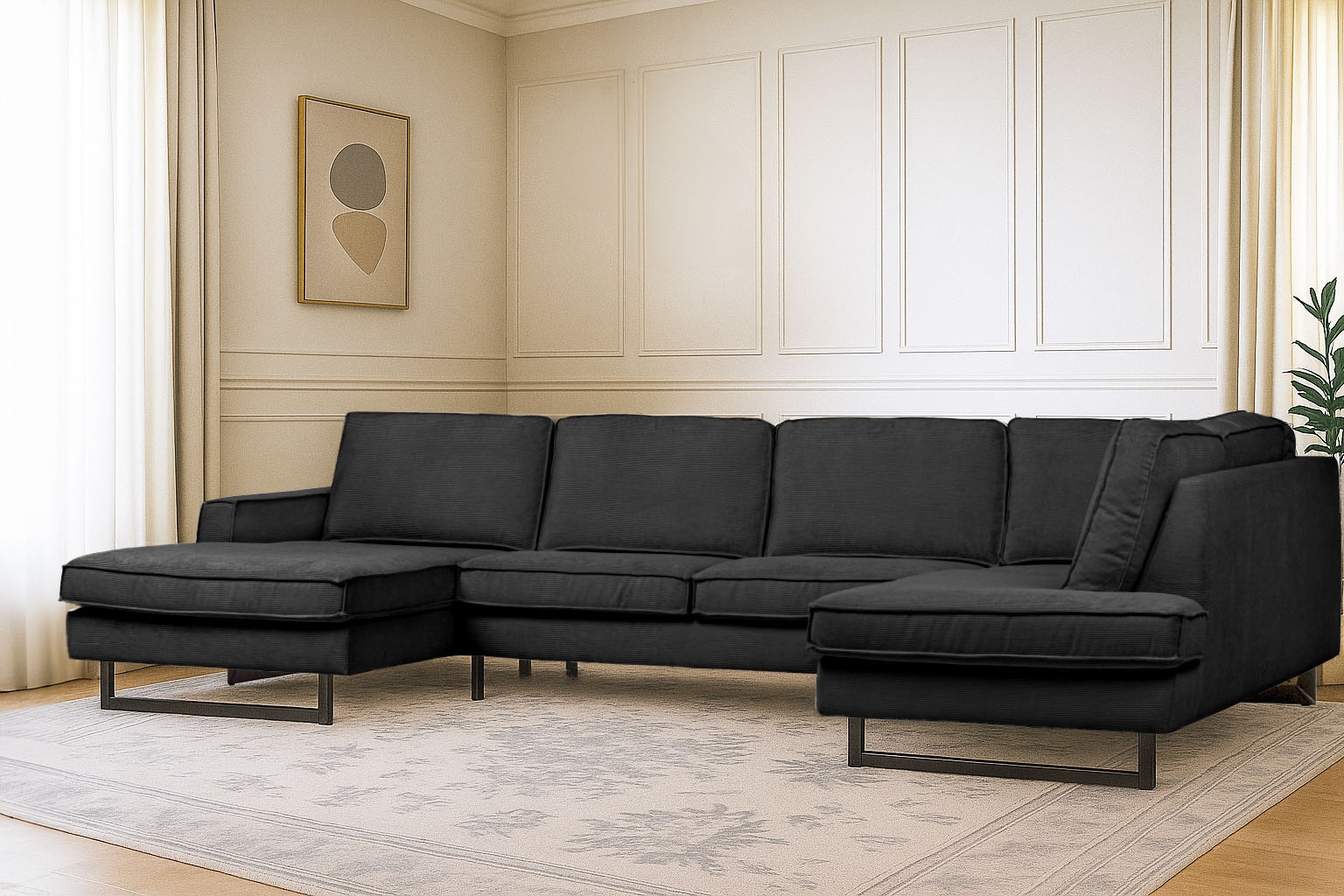 Places of Style Wohnlandschaft »Pinto, 350 cm, U-Form, XXL, mit Ottomanen«, Cord, Chenille, Lederoptik, mit Keder, Metallfüsse, Wellenunterfederung