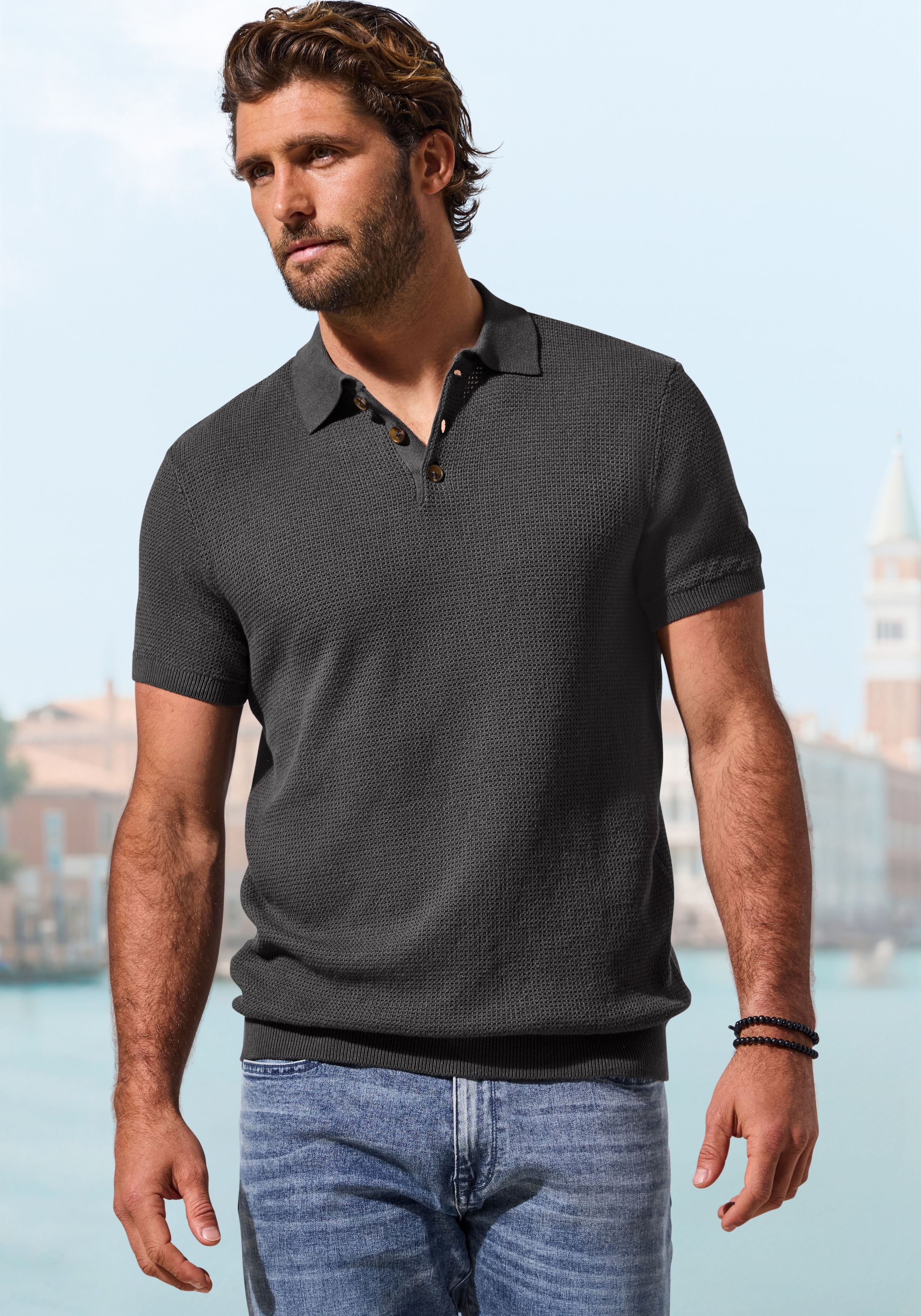 Image of John Devin Poloshirt "- Strick Poloshirt, Regular fit" mit Polokragen und kleiner Knopfleiste