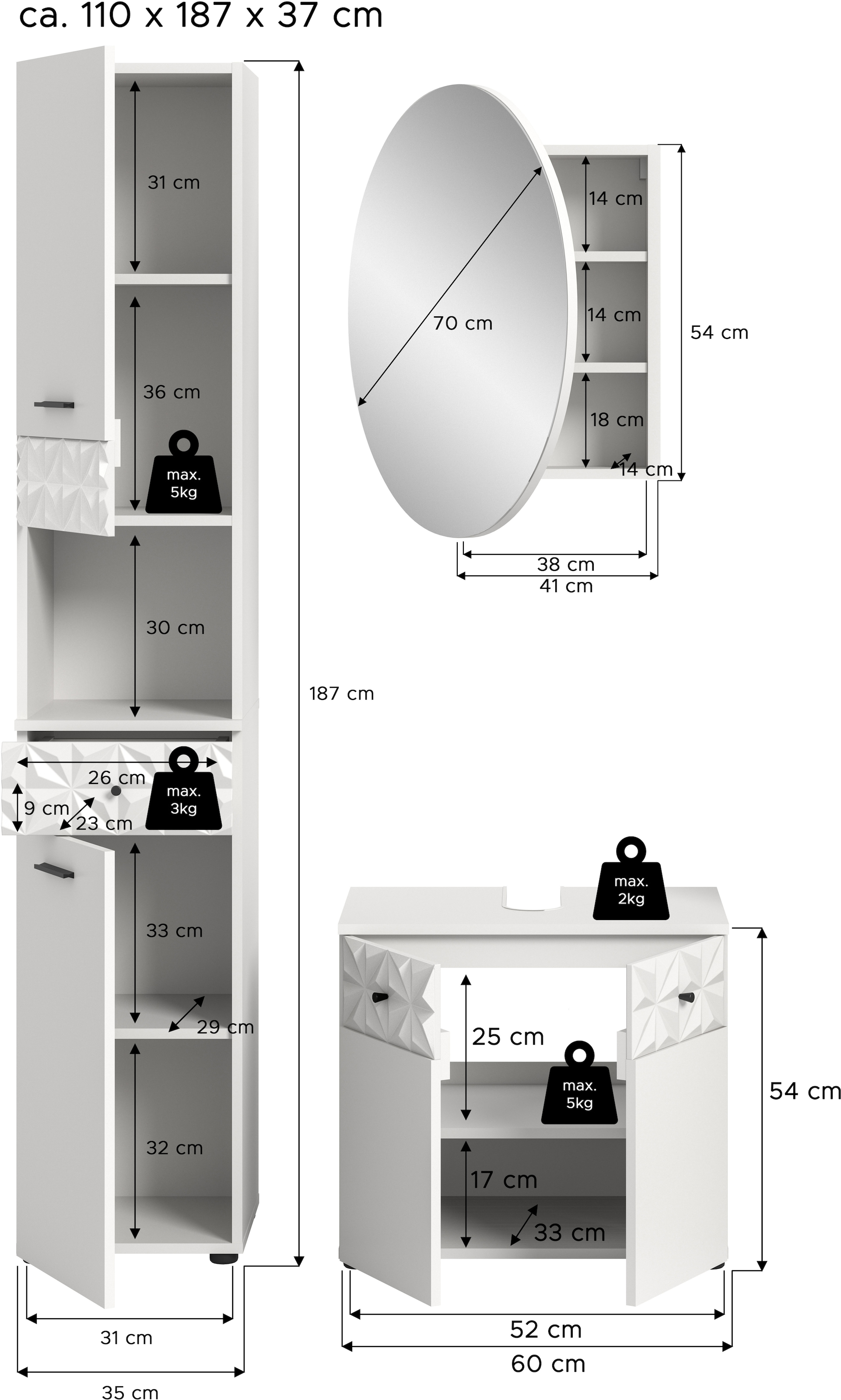 INOSIGN Ensemble de salle de bains »VICENZA, TOPSELLER!, Breite 110cm, 3-teilig, mit Ornamentabsetzung« best. aus: Hochschrank, Waschbeckenunterschrank und Spiegelschrank, 