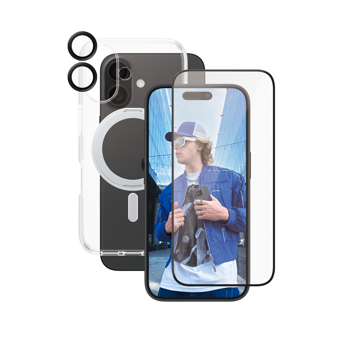 CARE by PanzerGlass Displayschutzglas »3-in-1 Protection, Ceramic Glass, Kickstand Case, Lens Cover«, für Apple iPhone 16, Displayschutzfolie, Schutzfolie, Bildschirmschutz, kratz- & stossfest