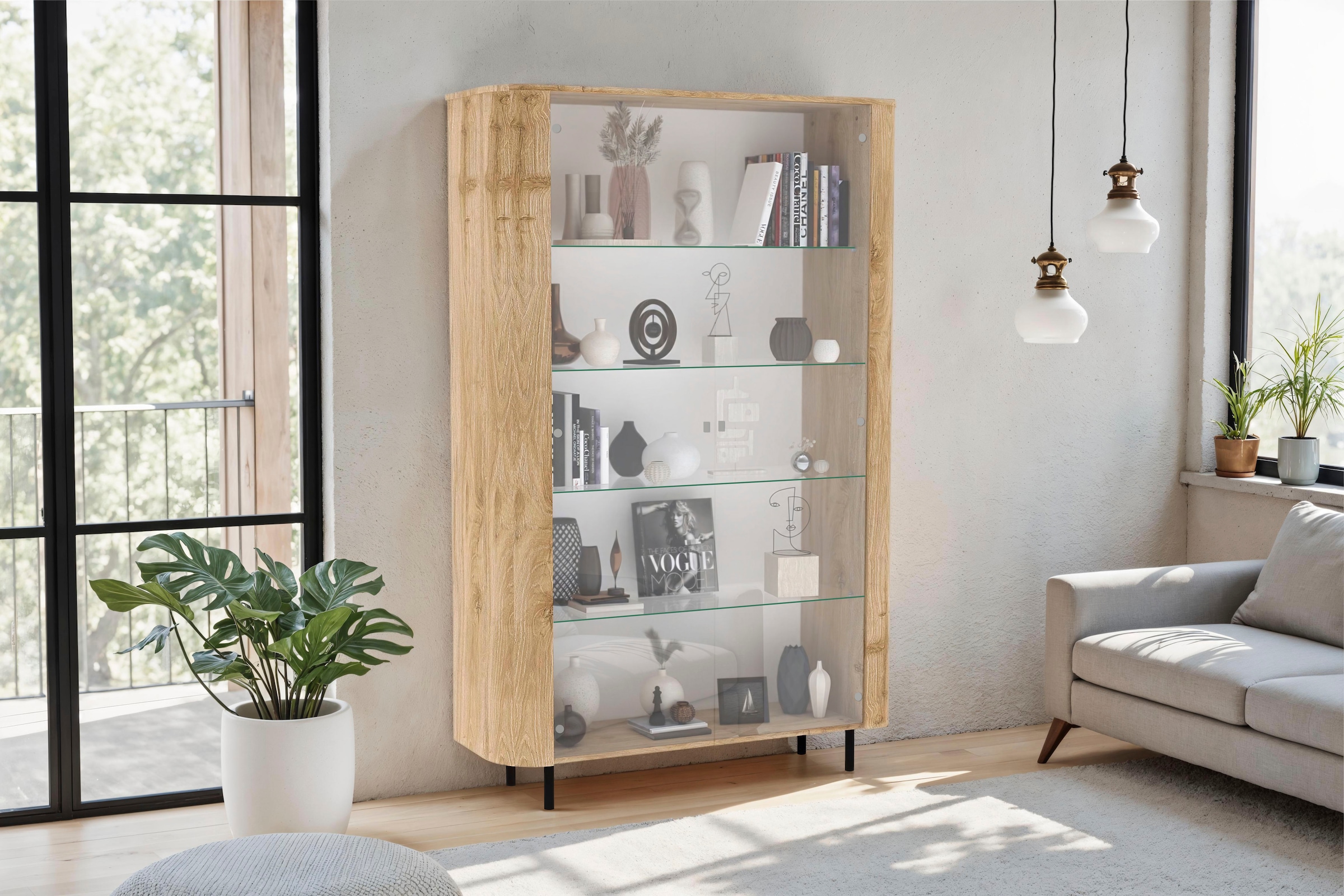 Home affaire Vitrine »Murano, Standvitrine H 200 cm, B 131 cm, 2 Türen, Vitrinenschrank« Formgebogenes MDF, Stirnseiten mit Rundung, Metallfüsse, stilvoll