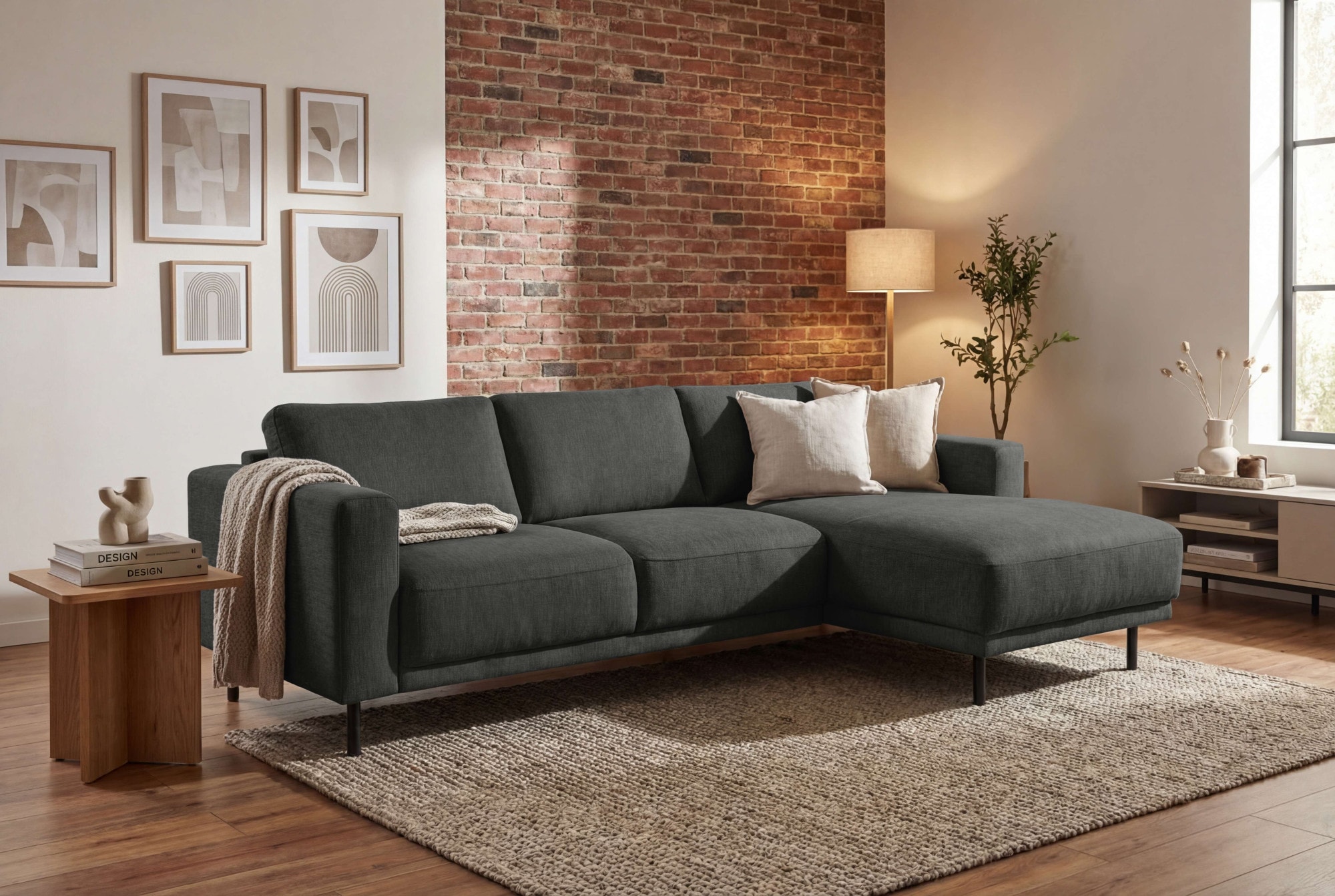 GOODproduct Canapé d'angle »Sveeva, L-Form, B.238 cm, schwarze Metallfüsse« tissu tissé durable, avec suspension ondulée, plusieurs couleurs