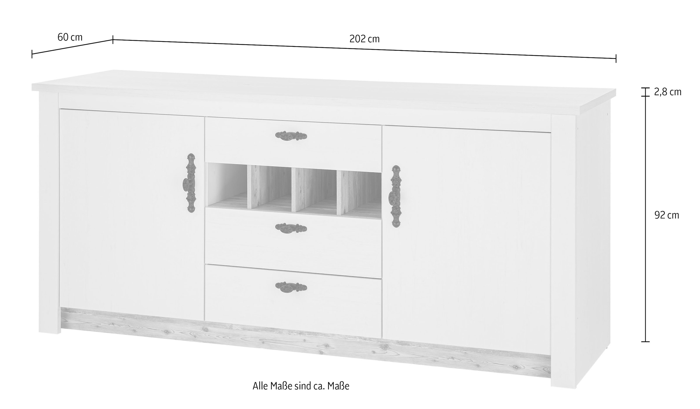 Home affaire Unterschrank »Florenz, Küchenunterschrank in Pinie Weiss, Unterschrank«, mit verschnörkeltem Metallgriff, im Landhausstil, Arbeitshöhe 92 cm