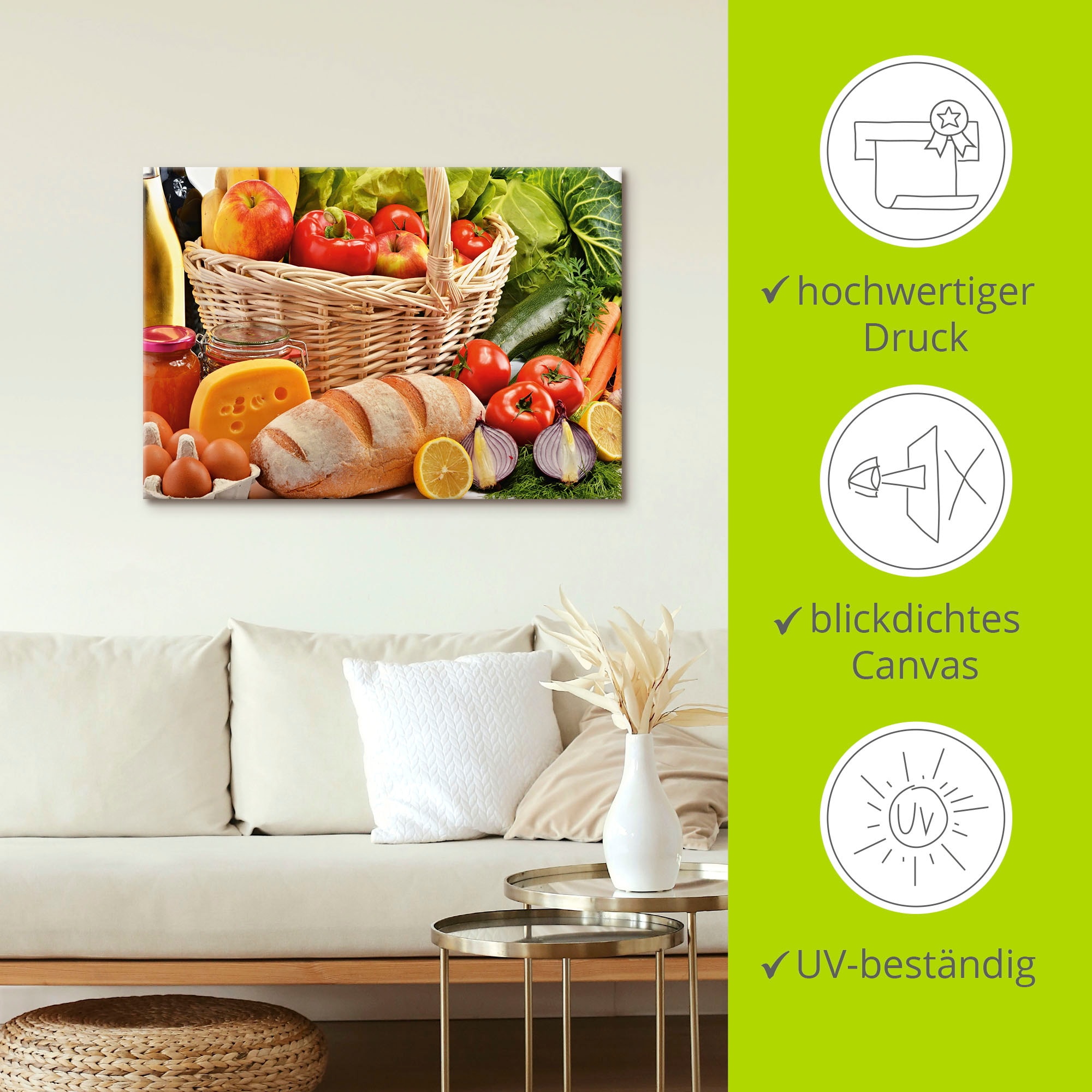 Artland Wandbild »Gesund Leben - Obst und Gemüsekorb« Lebensmittel 1 Stk. tlg. auf Holzrahmen gespannt