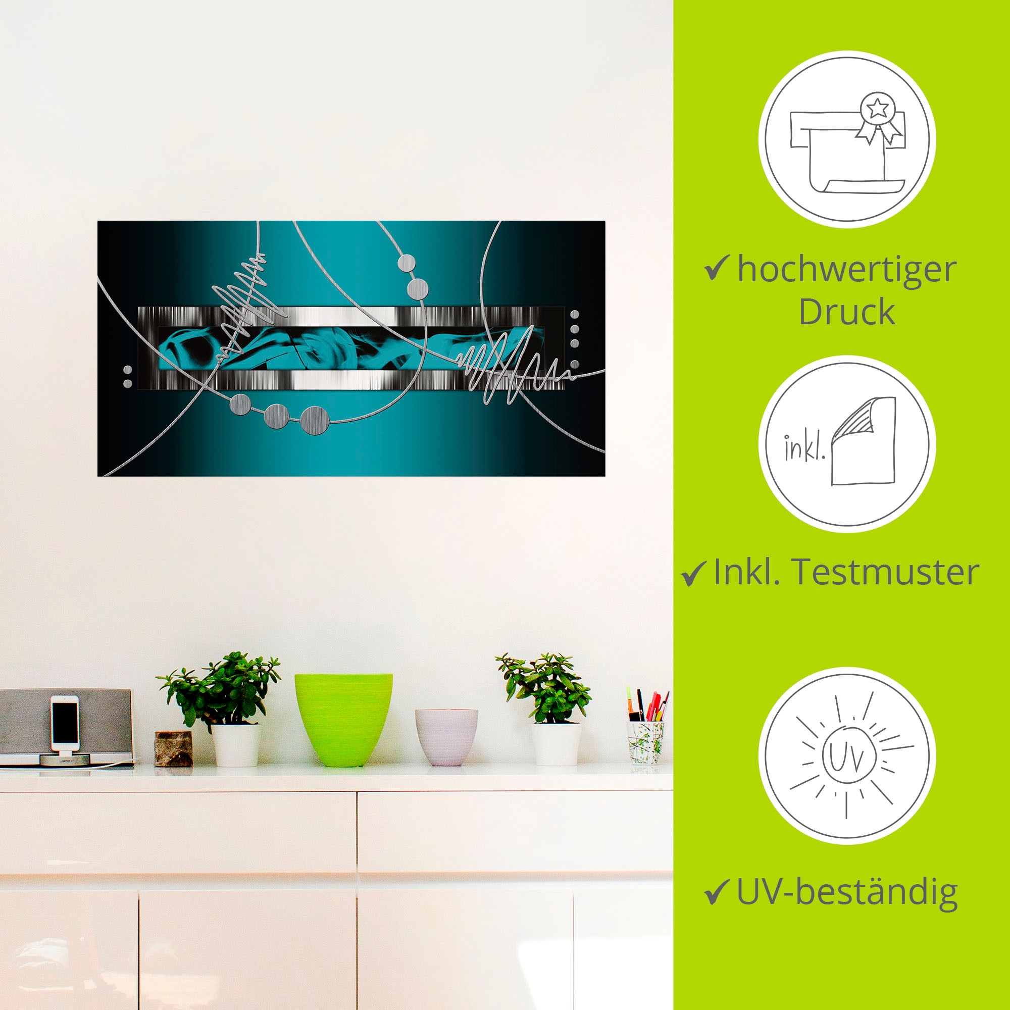 Artland Wandbild »Silber abstrakt auf petrol«, Gegenstandslos, (1 St.), als Alubild, Outdoorbild, Leinwandbild, Poster, Wandaufkleber