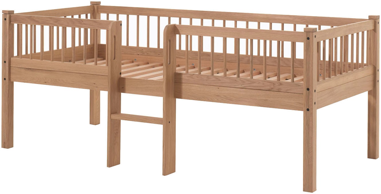 Image of Vipack Massivholzbett "Forrest Massivholzbett Made in Europe, stabil und hochwertig gebaut" 90/200 cm, mit Rollrost und Leiter, seitenverkehrt montierbar, inkl. umlaufenden Absturzschutz in Sprossenoptik, Eiche natur geölt